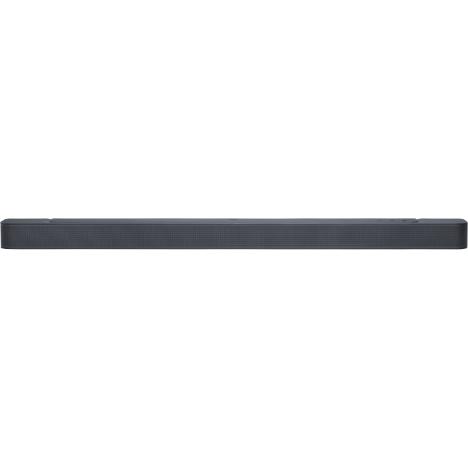 Siyah arka plan üzerinde koyu gri bir soundbar. Soundbar yataydır.