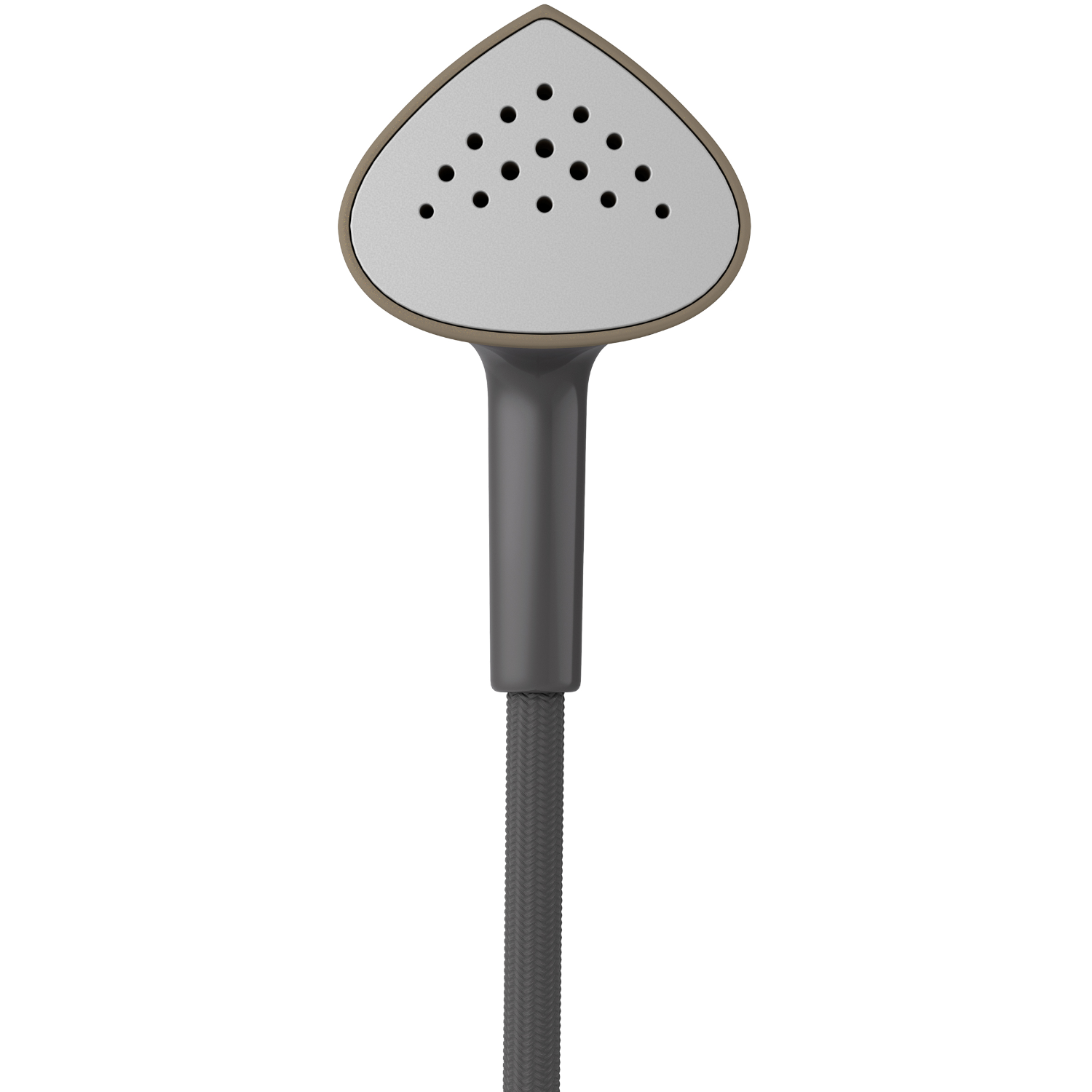 A handheld garment steamer with a gray handle and a white and gold head. The cable is gray.