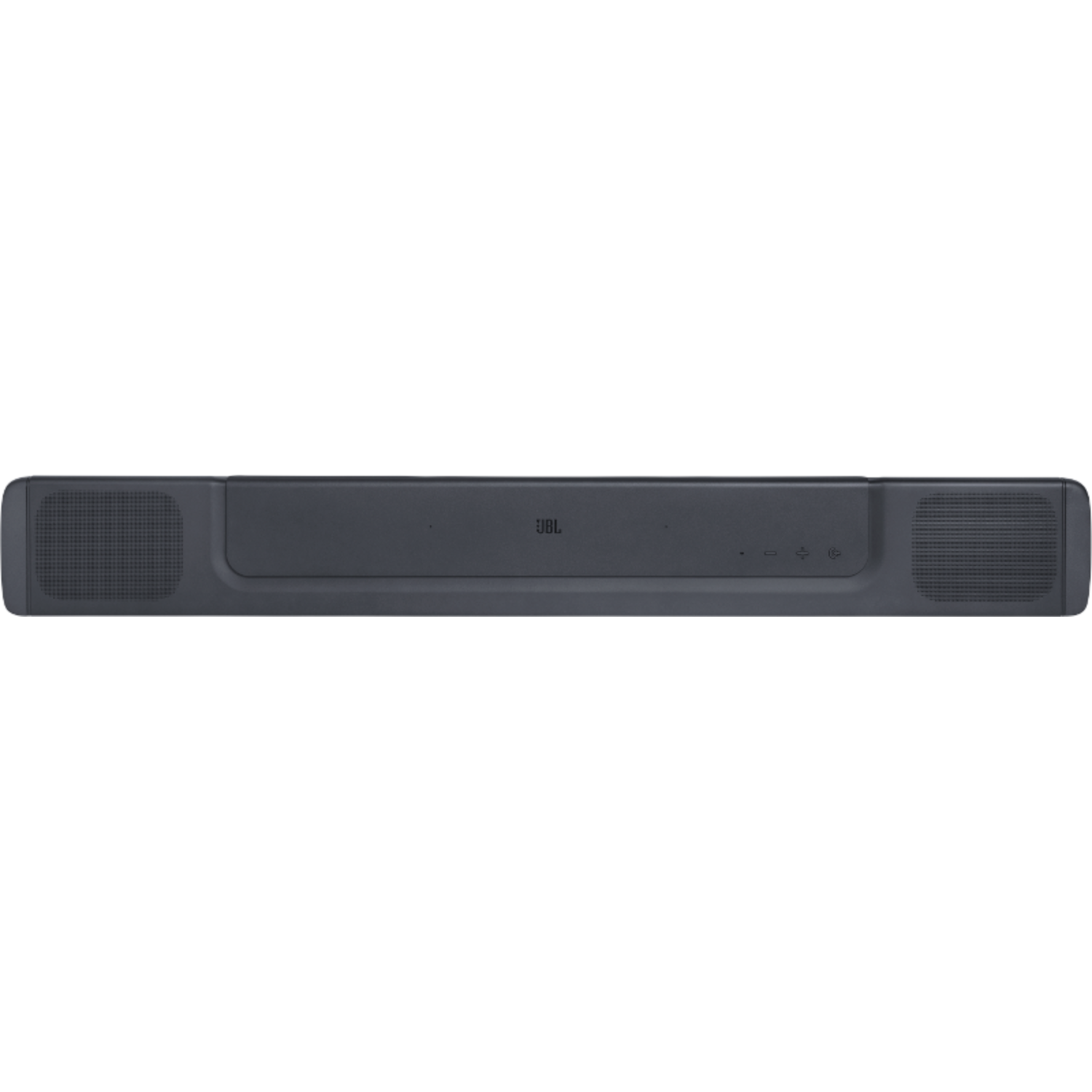 Una soundbar JBL nera. La soundbar è rettangolare con altoparlanti a ciascuna estremità.