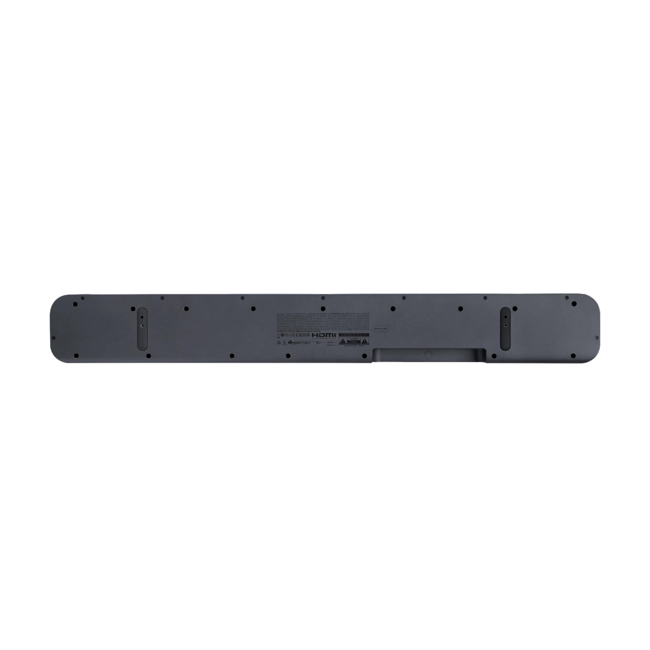Una soundbar grigio scuro che mostra il lato posteriore con porte ed etichette su sfondo bianco.