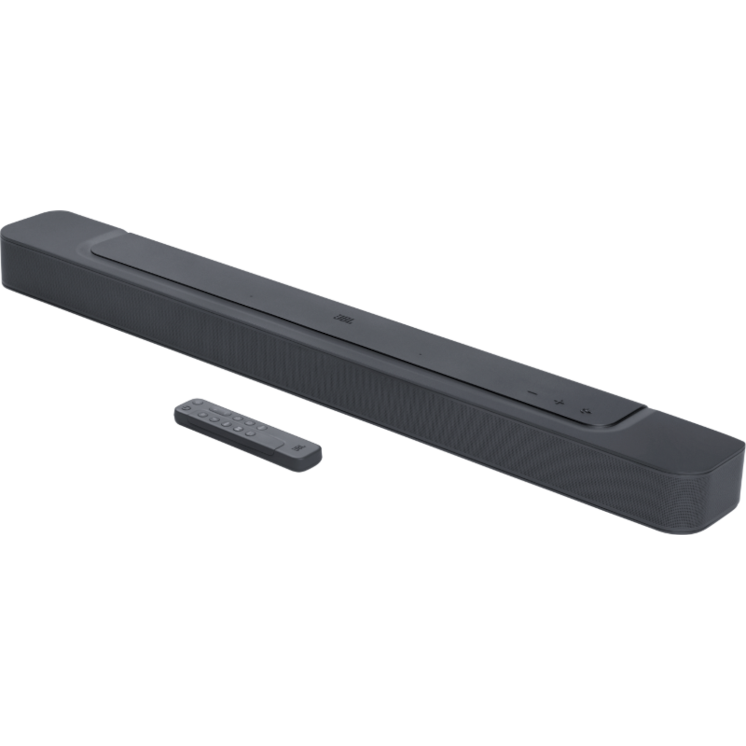 Una soundbar nera e un telecomando su una superficie grigia.
