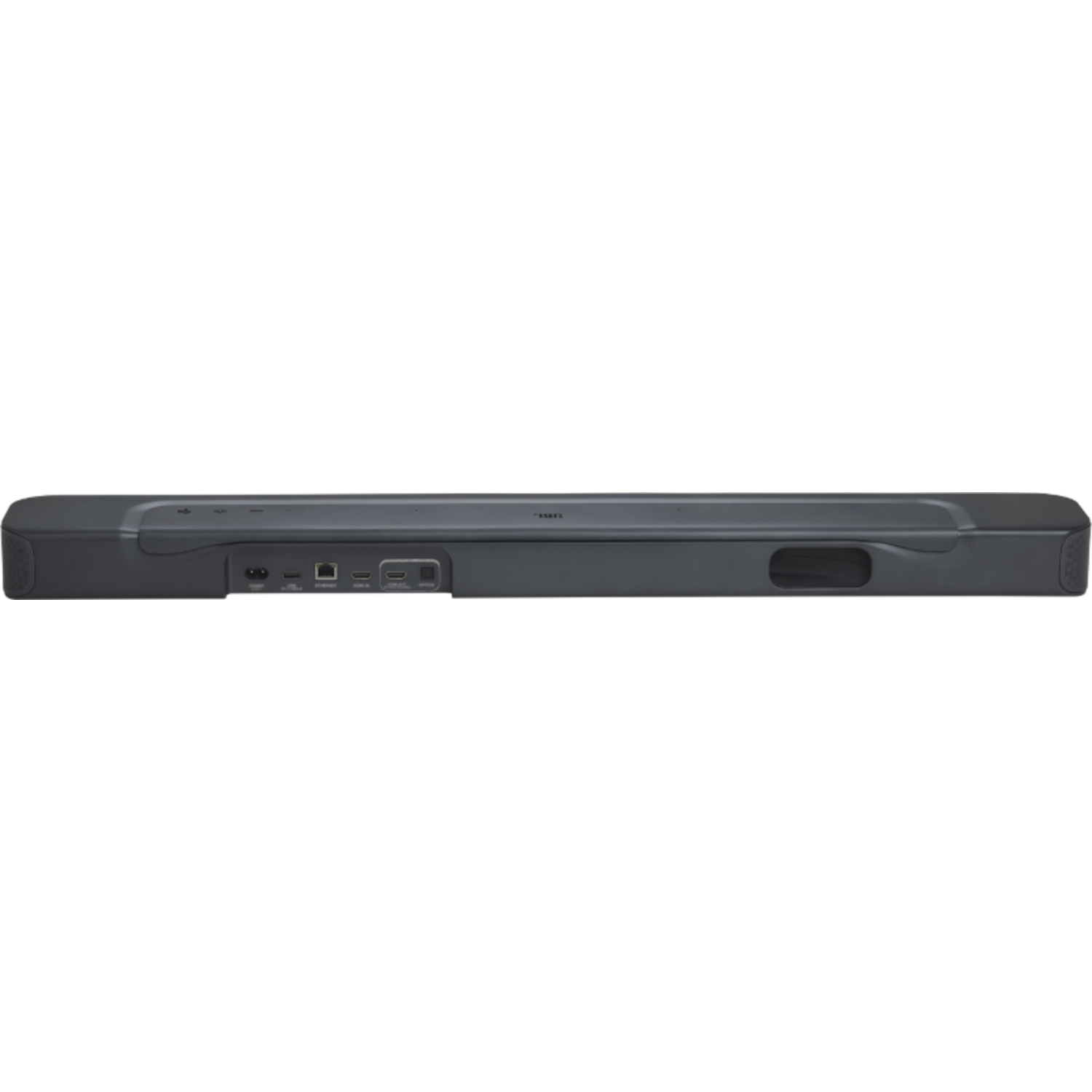 Soundbar nera con porte visibili sul retro. Sfondo nero.