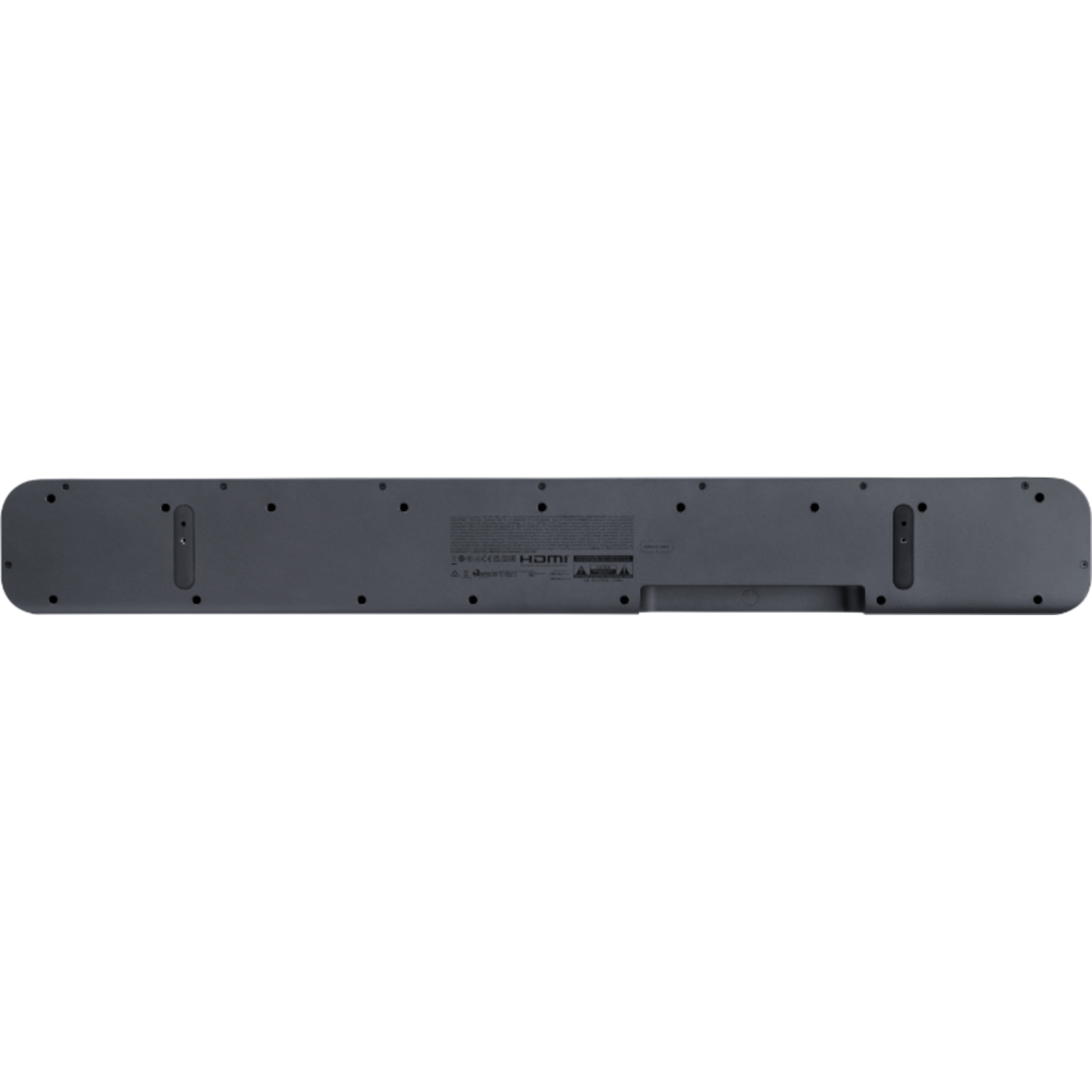 Una soundbar grigio scuro con porte di connessione ed etichette su sfondo nero.