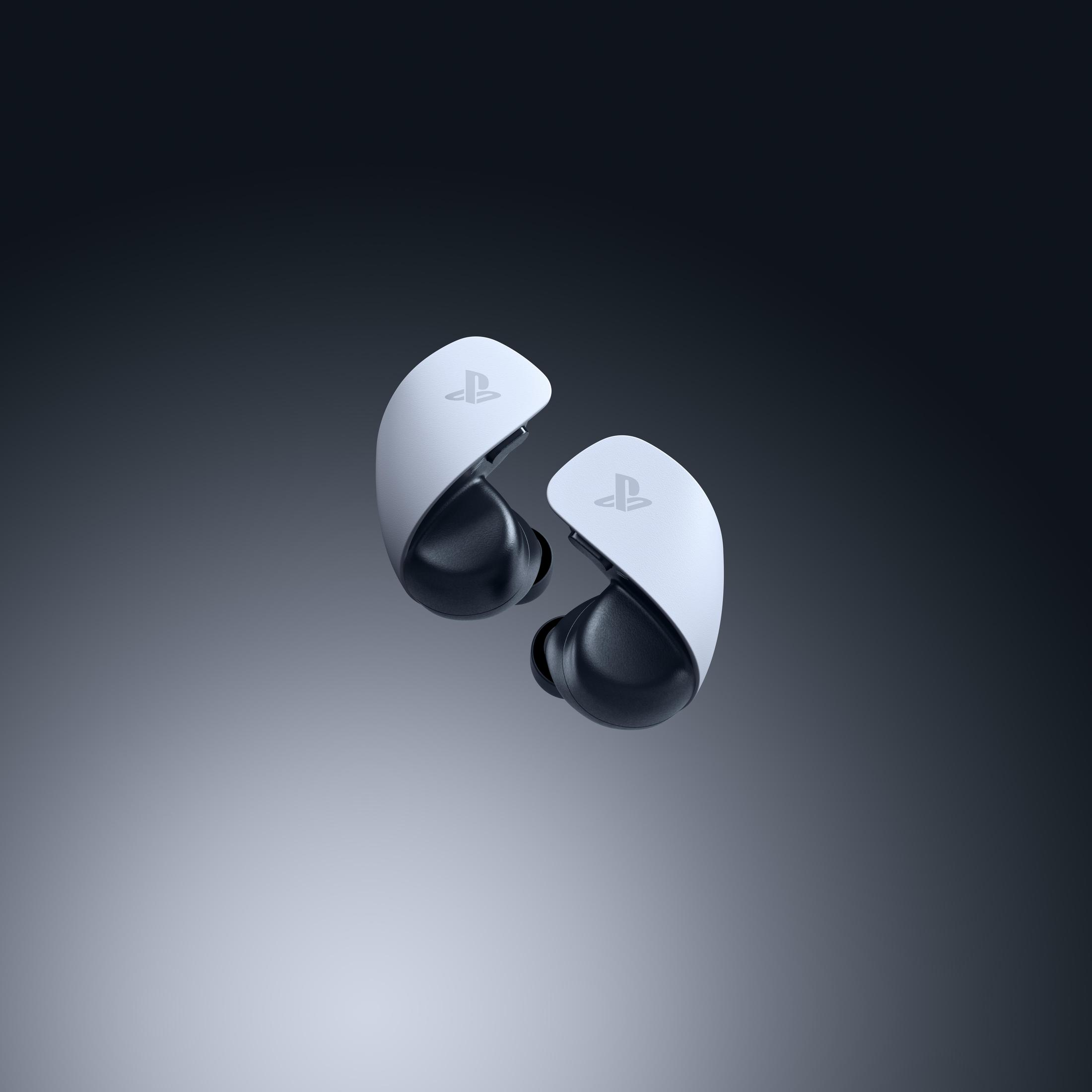 Para białych i czarnych słuchawek. Każda ma logo PlayStation.