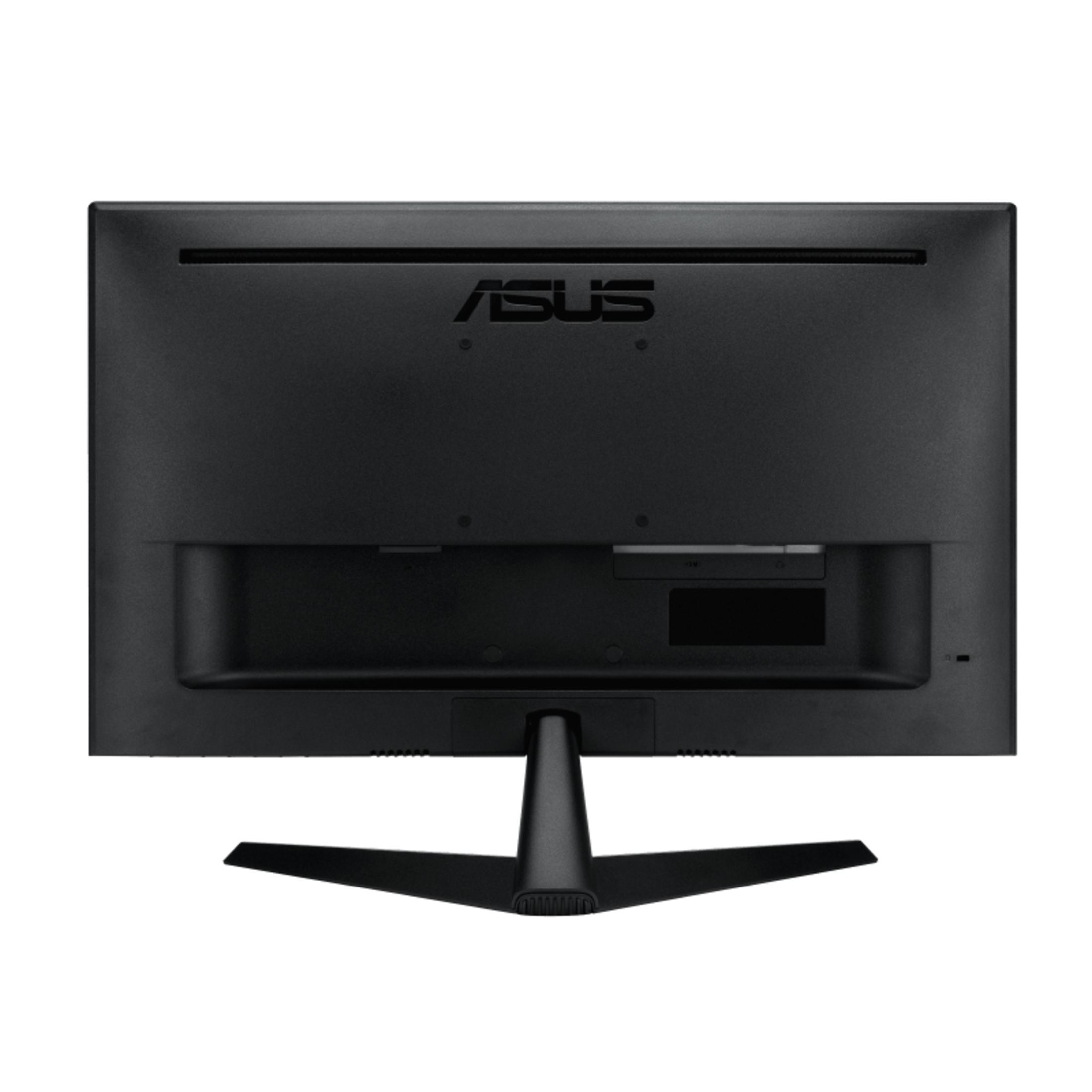 Tył czarnego monitora komputerowego z logo ASUS na górze. Ma podstawkę i porty.