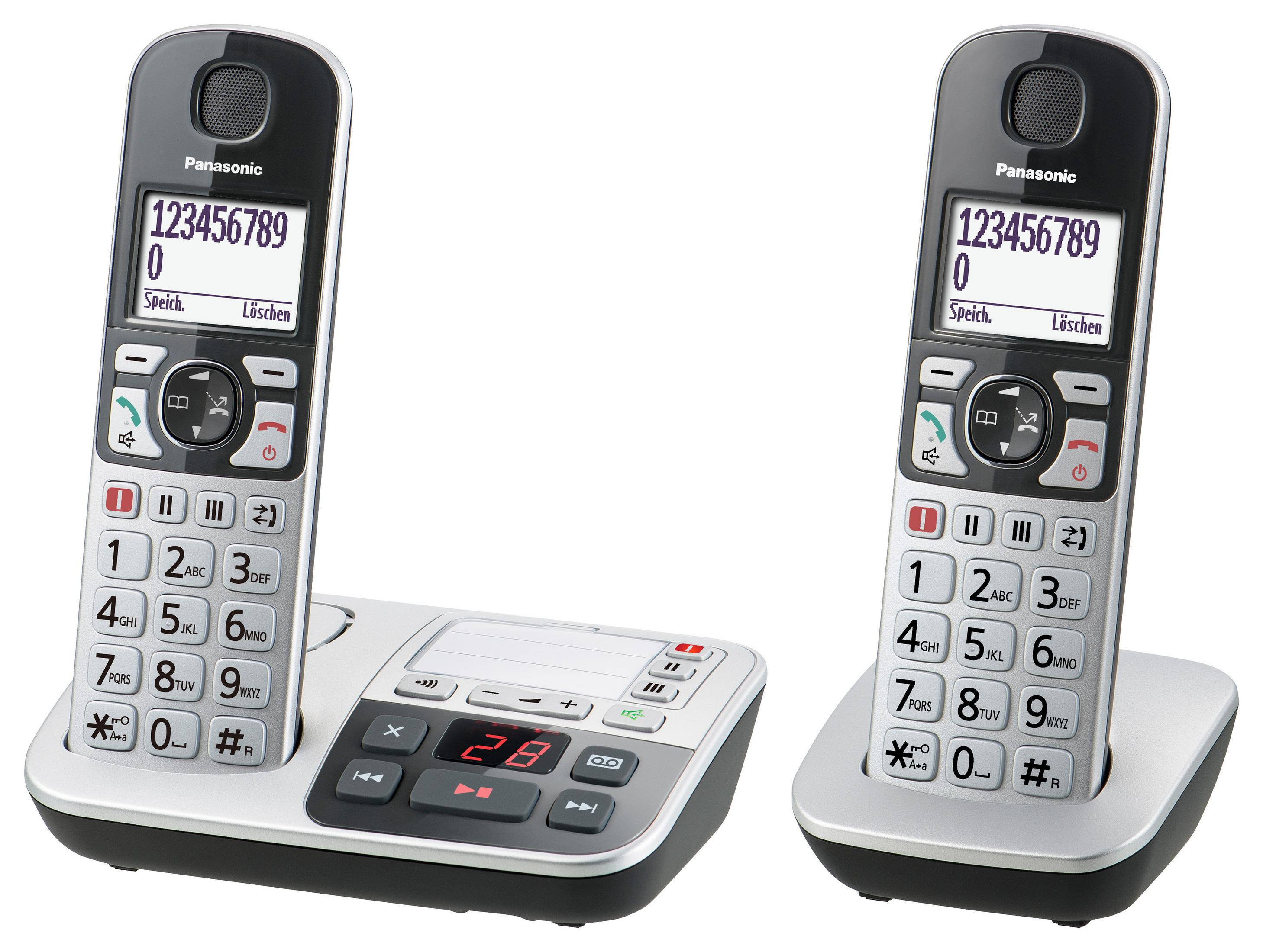 Dos teléfonos inalámbricos Panasonic con base. Ambos tienen pantalla.