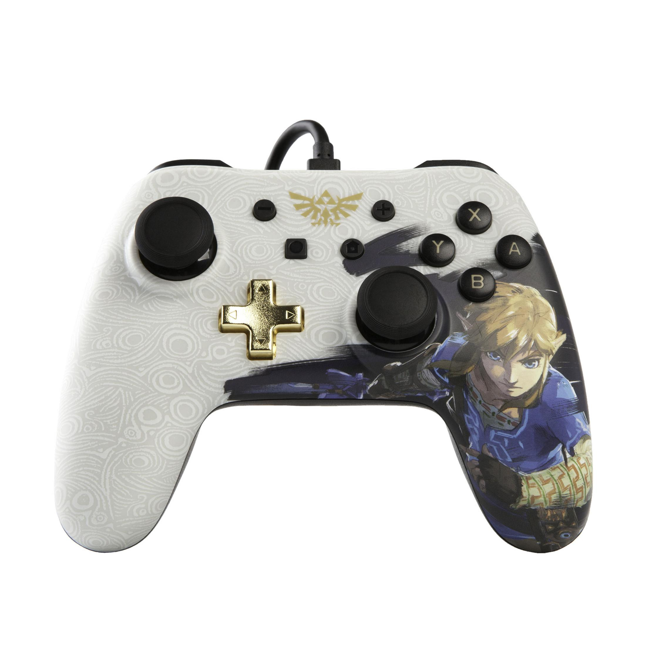 Weißer Nintendo Switch-Controller mit Link-Illustration und goldenem Kreuz-Knopf.