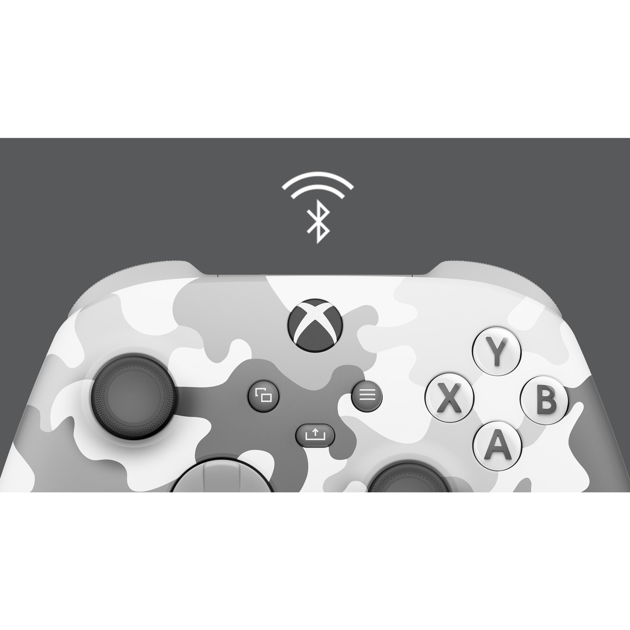 Controller Xbox mimetico bianco con simbolo Bluetooth. Pulsanti: Y, X, B, A. Sfondo grigio.