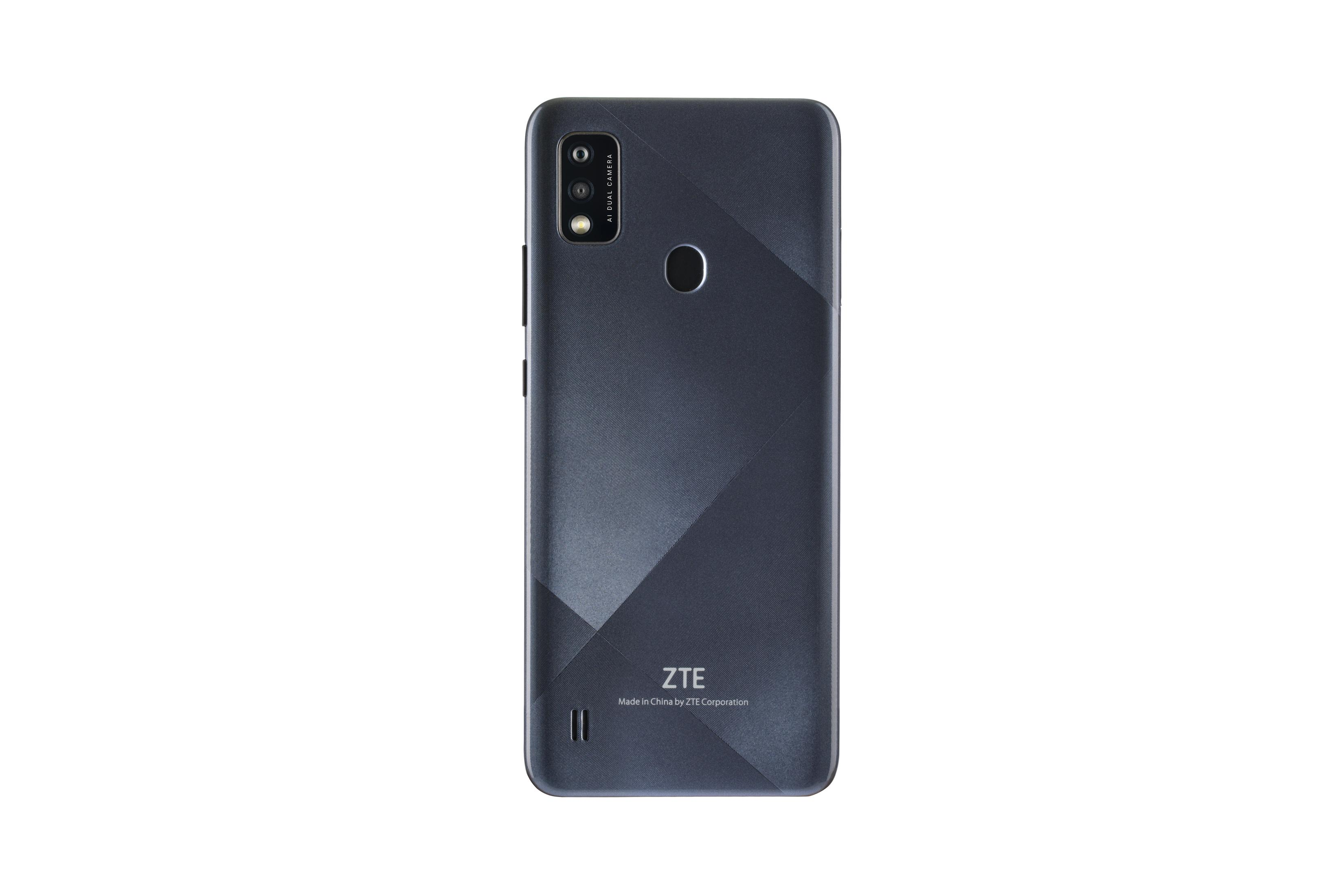 Dunkelgraue ZTE Smartphone-Rückseite mit Dual-Kameras und ZTE-Logo.