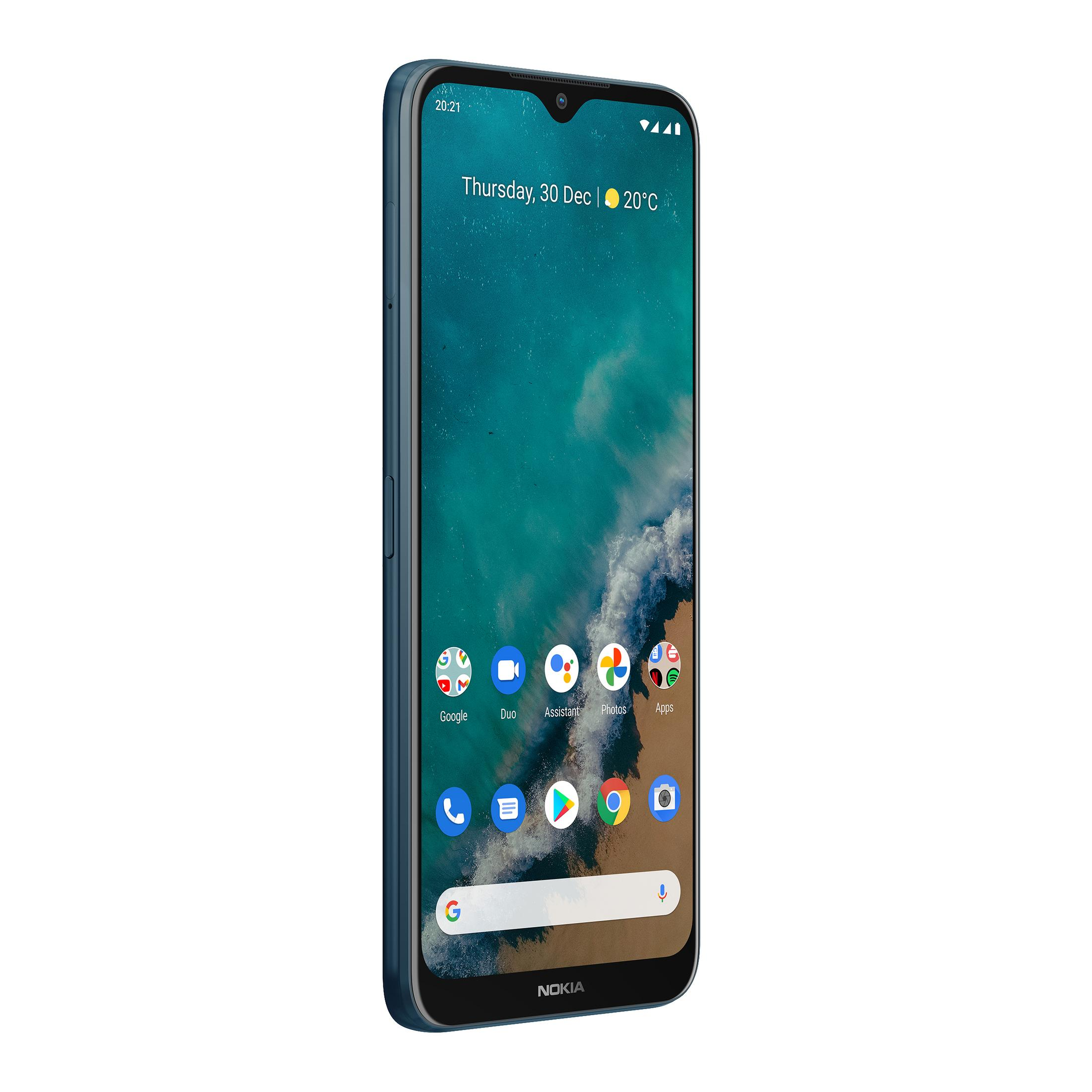 Blaues Smartphone, das Apps auf dem Bildschirm anzeigt.