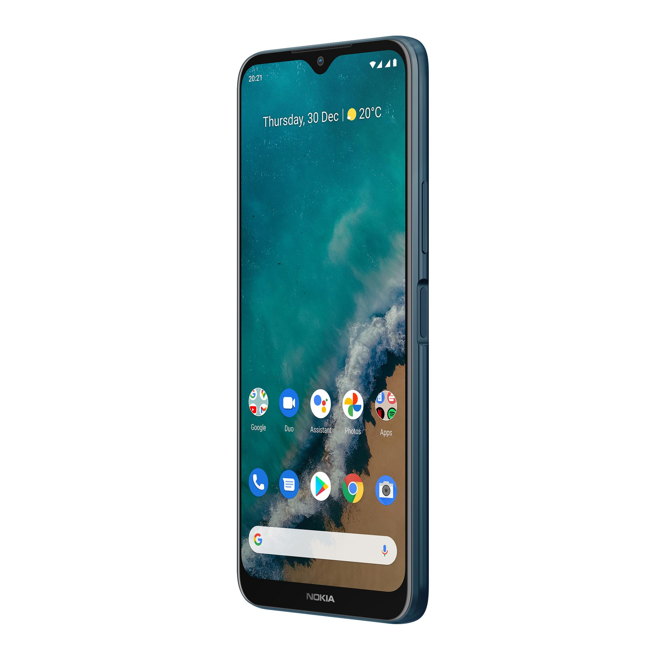 Blaues Smartphone mit App-Symbolen, weißer Hintergrund.