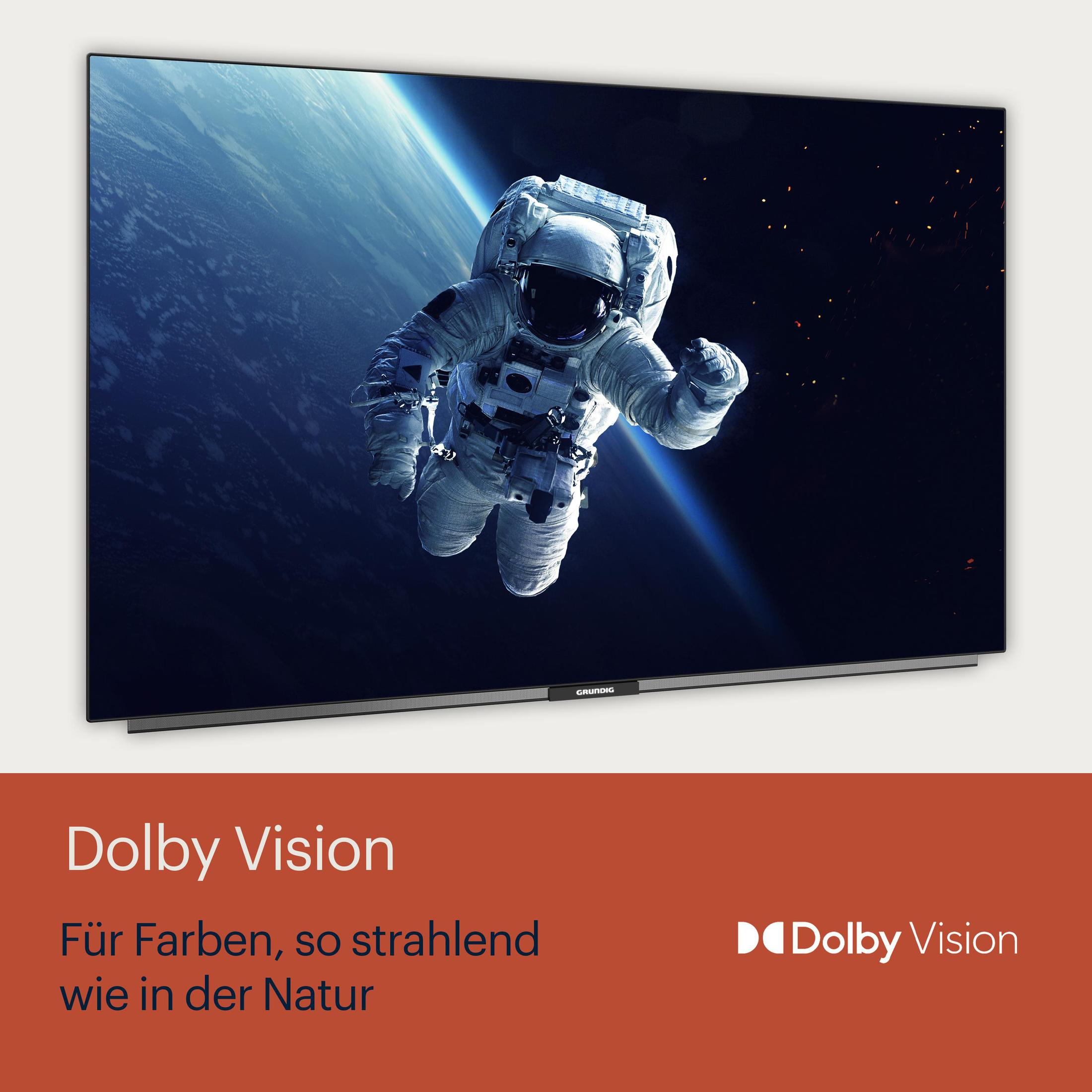 Ein Fernsehbildschirm, der den Weltraum mit einem Astronauten anzeigt, mit deutschem Text.