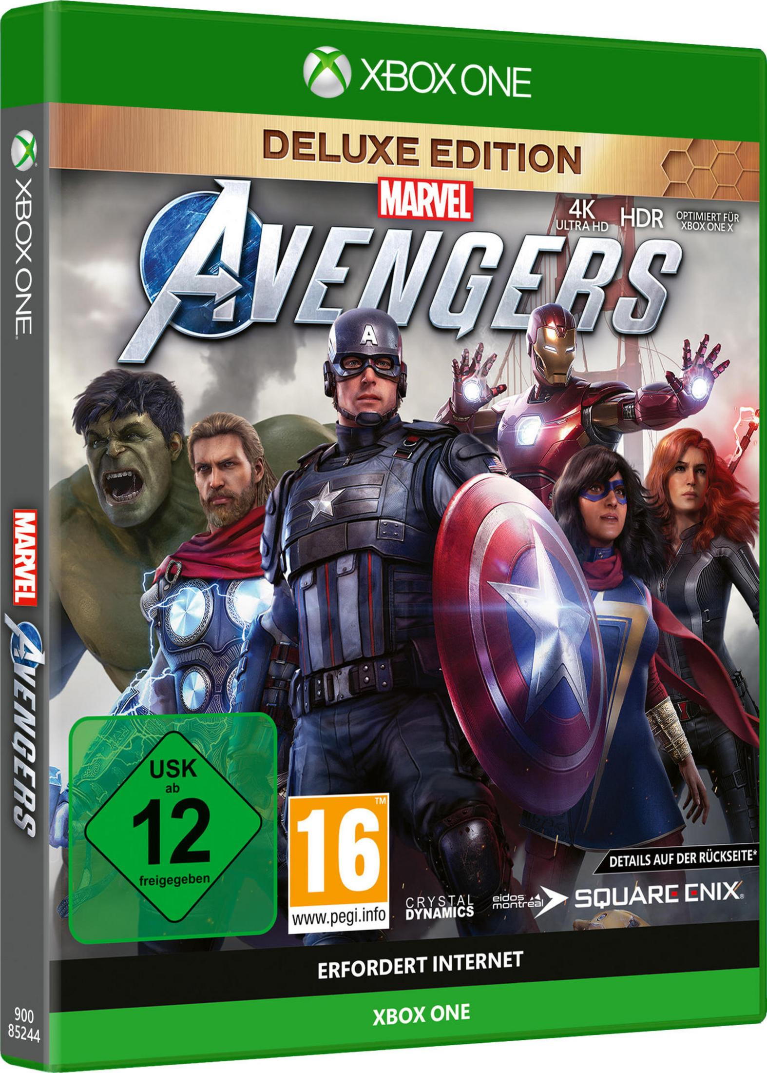 Pudełko z grą Xbox One Avengers Deluxe Edition, z wieloma postaciami Marvela.