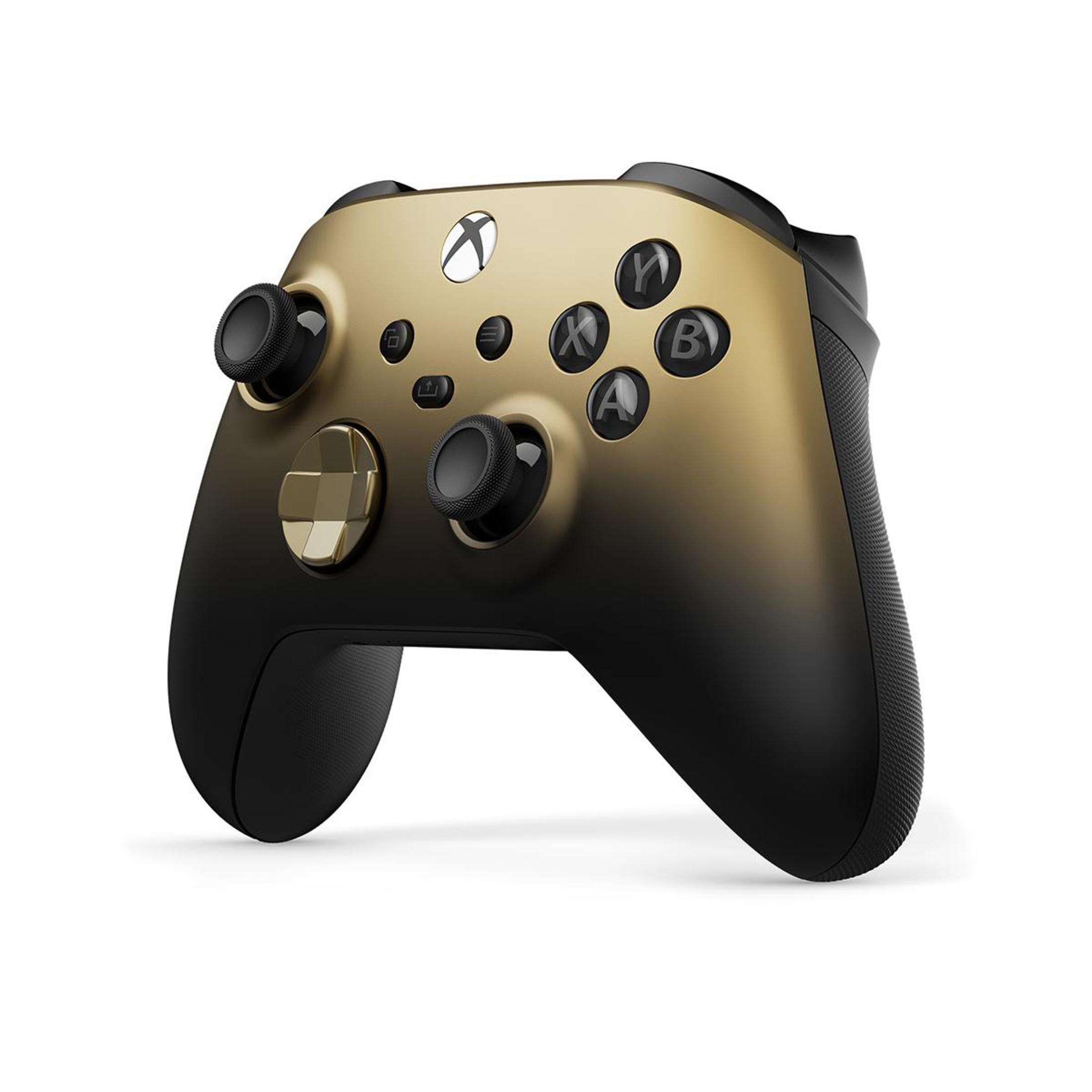 Xbox-Controller, Gold-Schwarz-Verlauf, mit schwarzen Knöpfen und Joysticks, auf weißem Hintergrund.