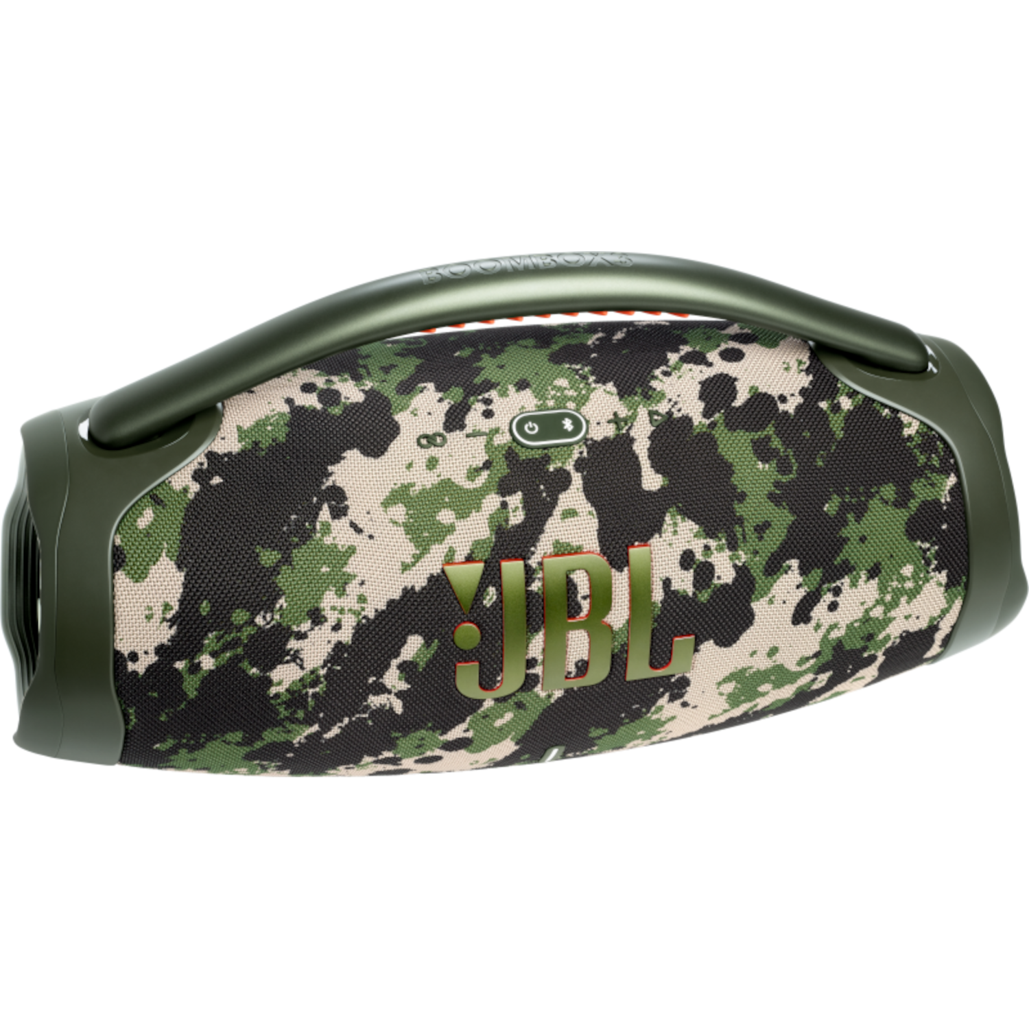 Grüne und Camouflage JBL Boombox. Mit Griff und JBL-Logo auf schwarzem Hintergrund.