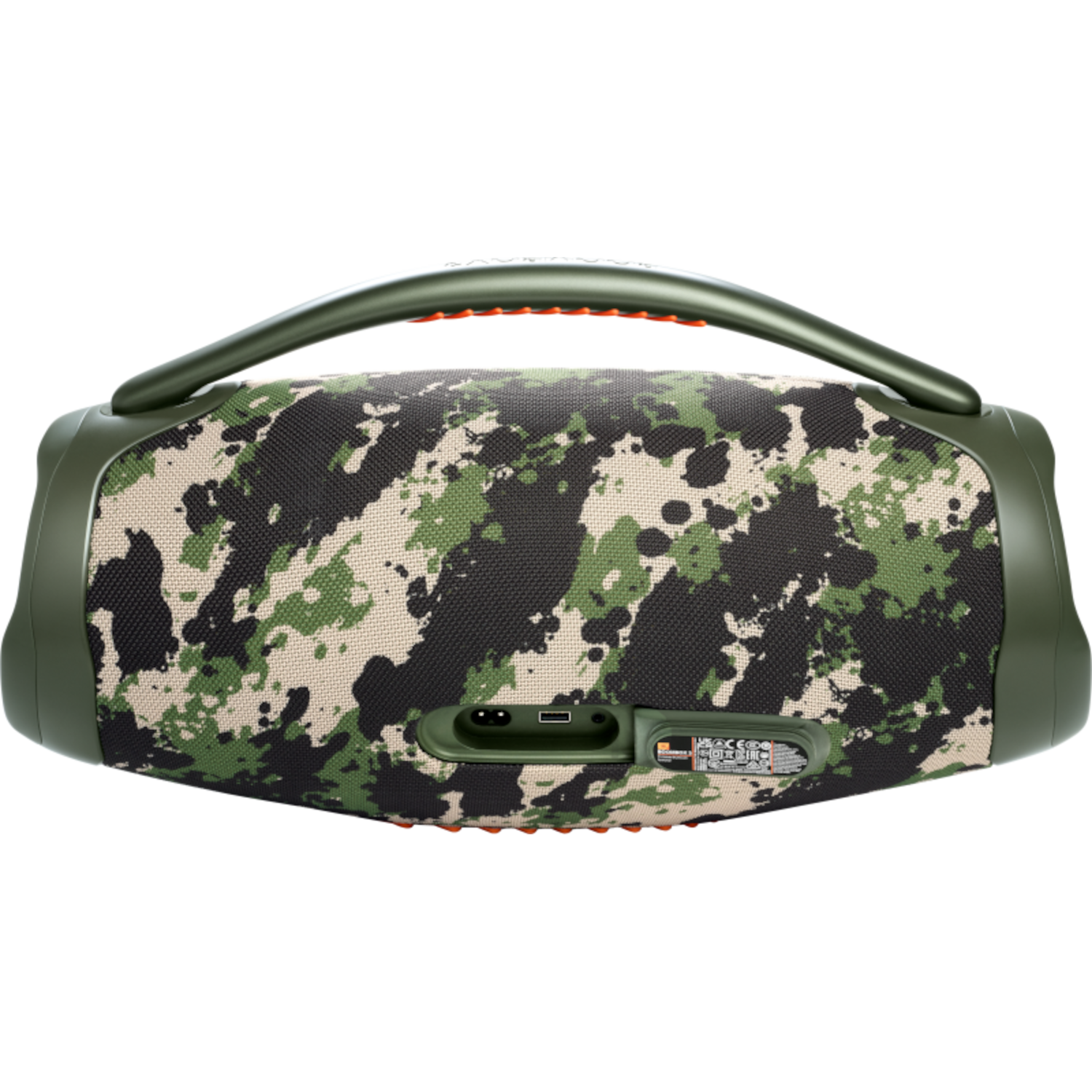JBL Boombox-Lautsprecher mit Tarnmuster. Grün-schwarzes Camo, mit schwarzem Hintergrund.