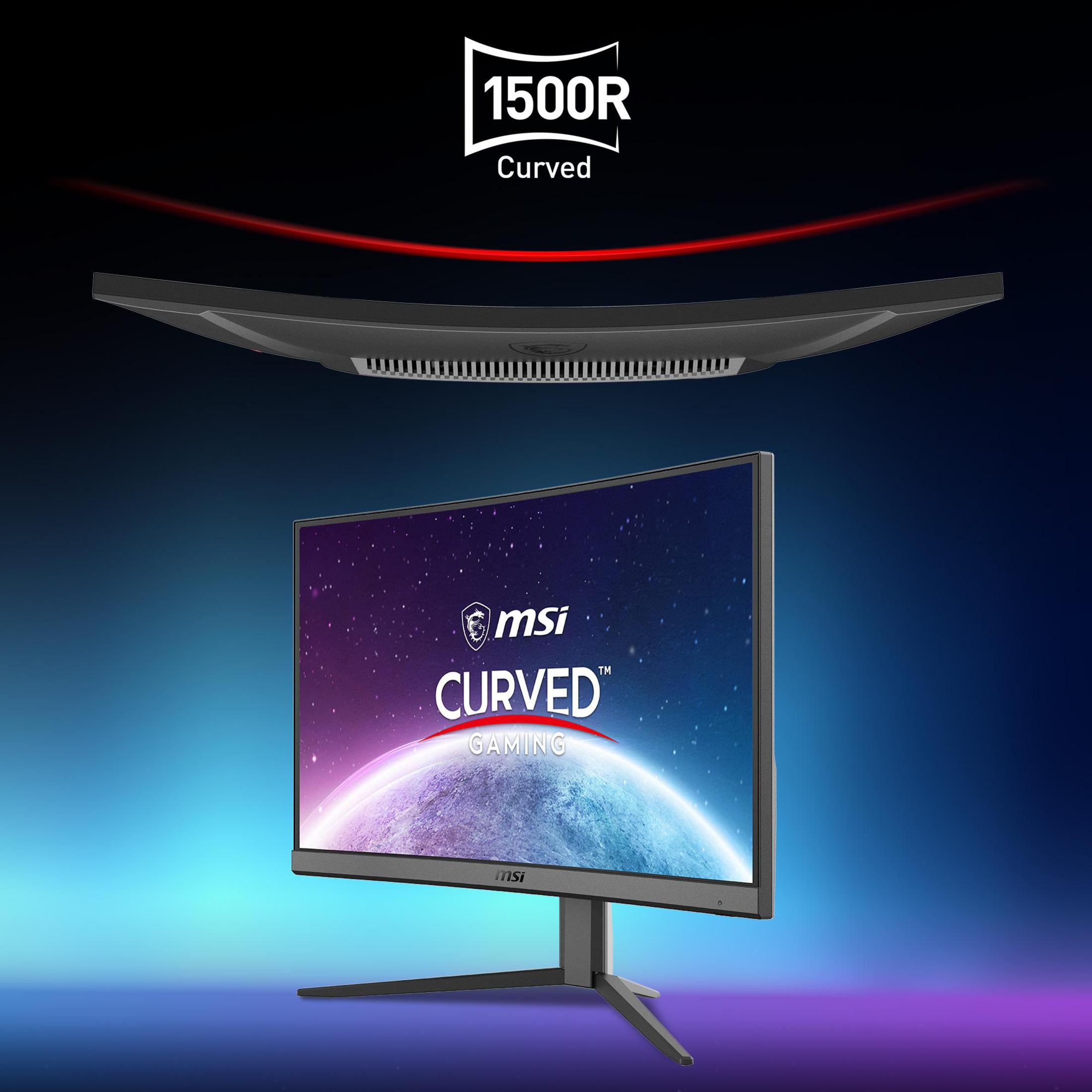 Gebogener Monitor mit gebogenem Bildschirm, MSI-Logo und roter Kurvenlinie.