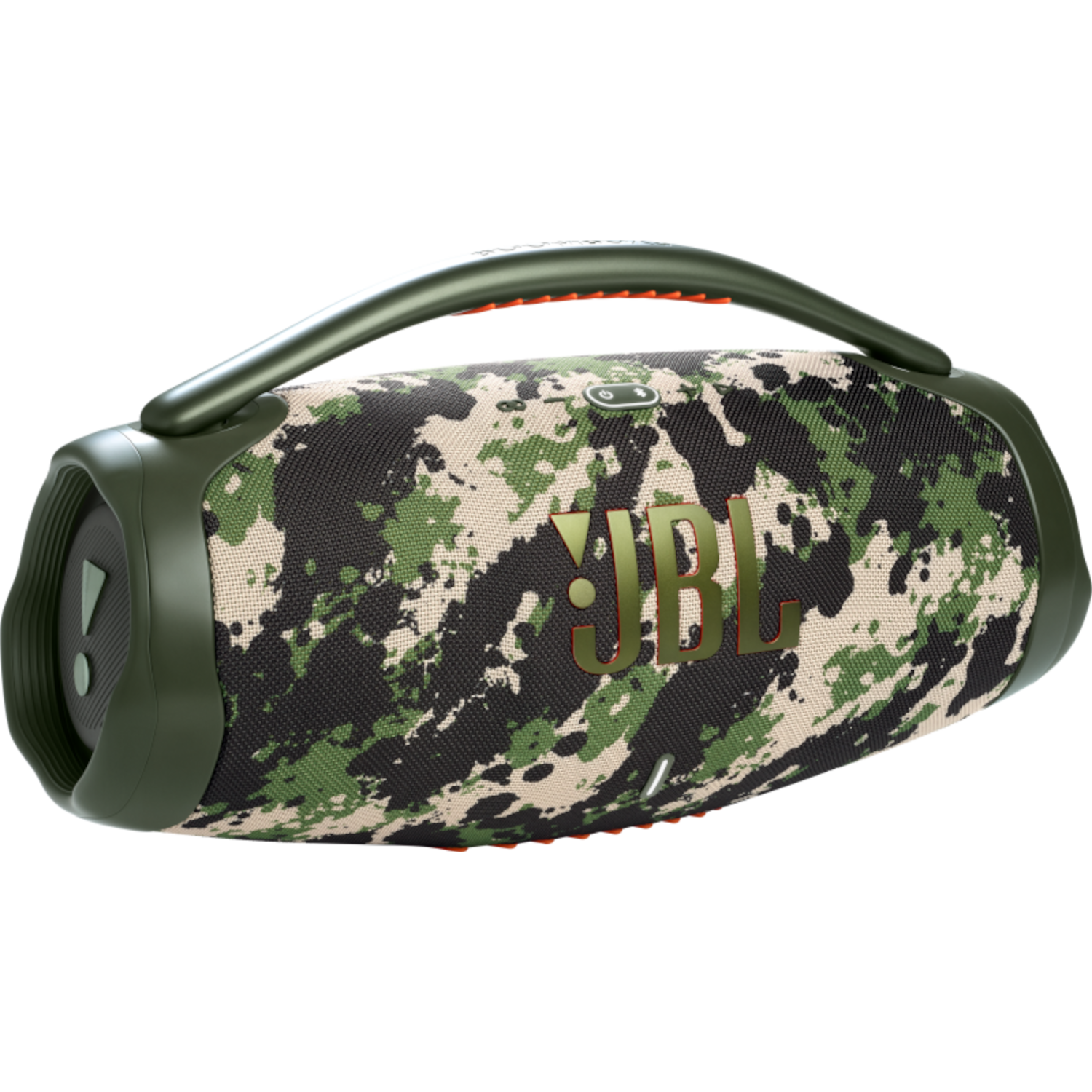 Ein tarnfarbener JBL-Lautsprecher. Er hat einen Griff, und das JBL-Logo ist sichtbar.