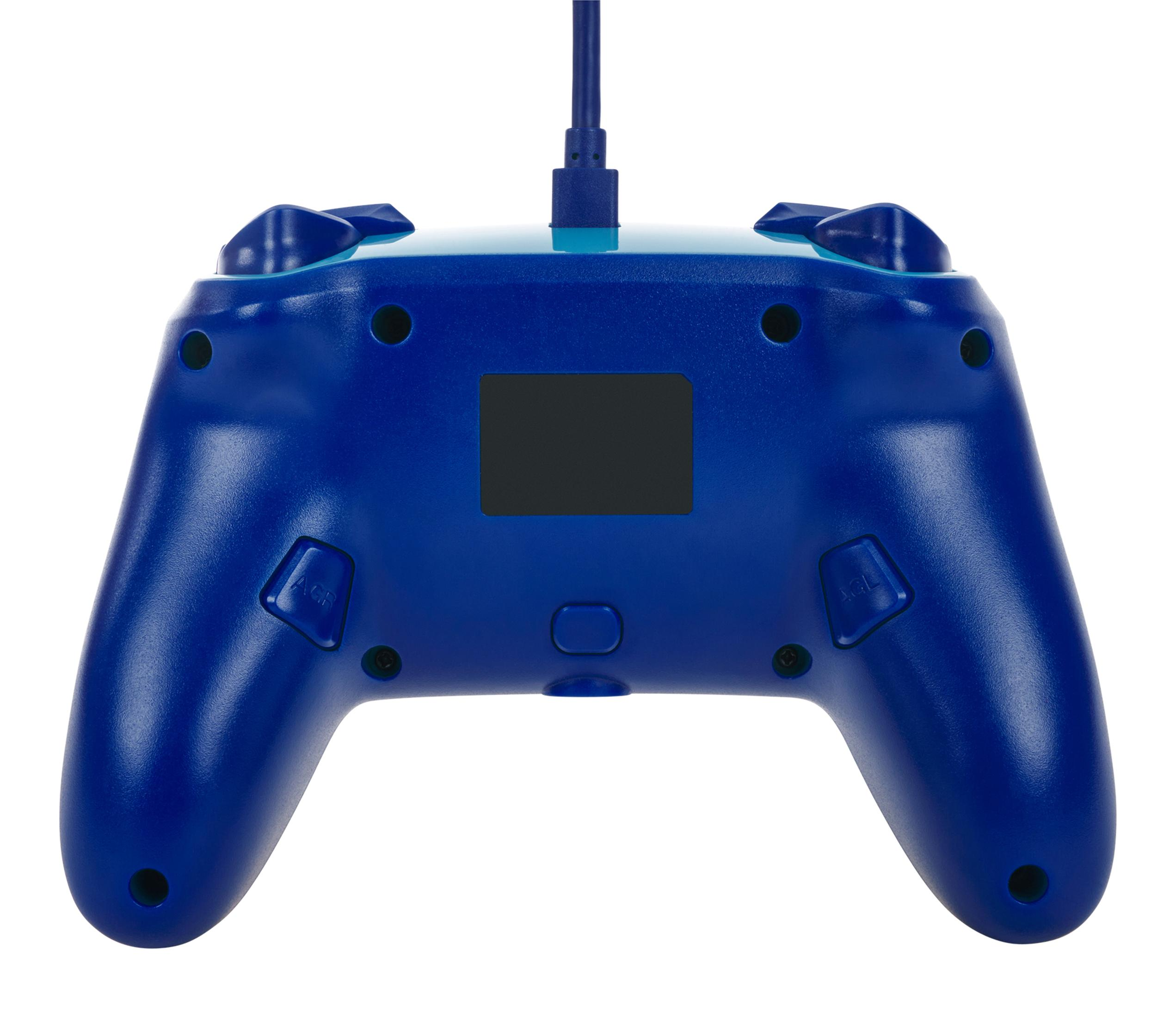 Niebieski kontroler do gier. Ma przyciski, spusty i kabel. Pokazano tył kontrolera.