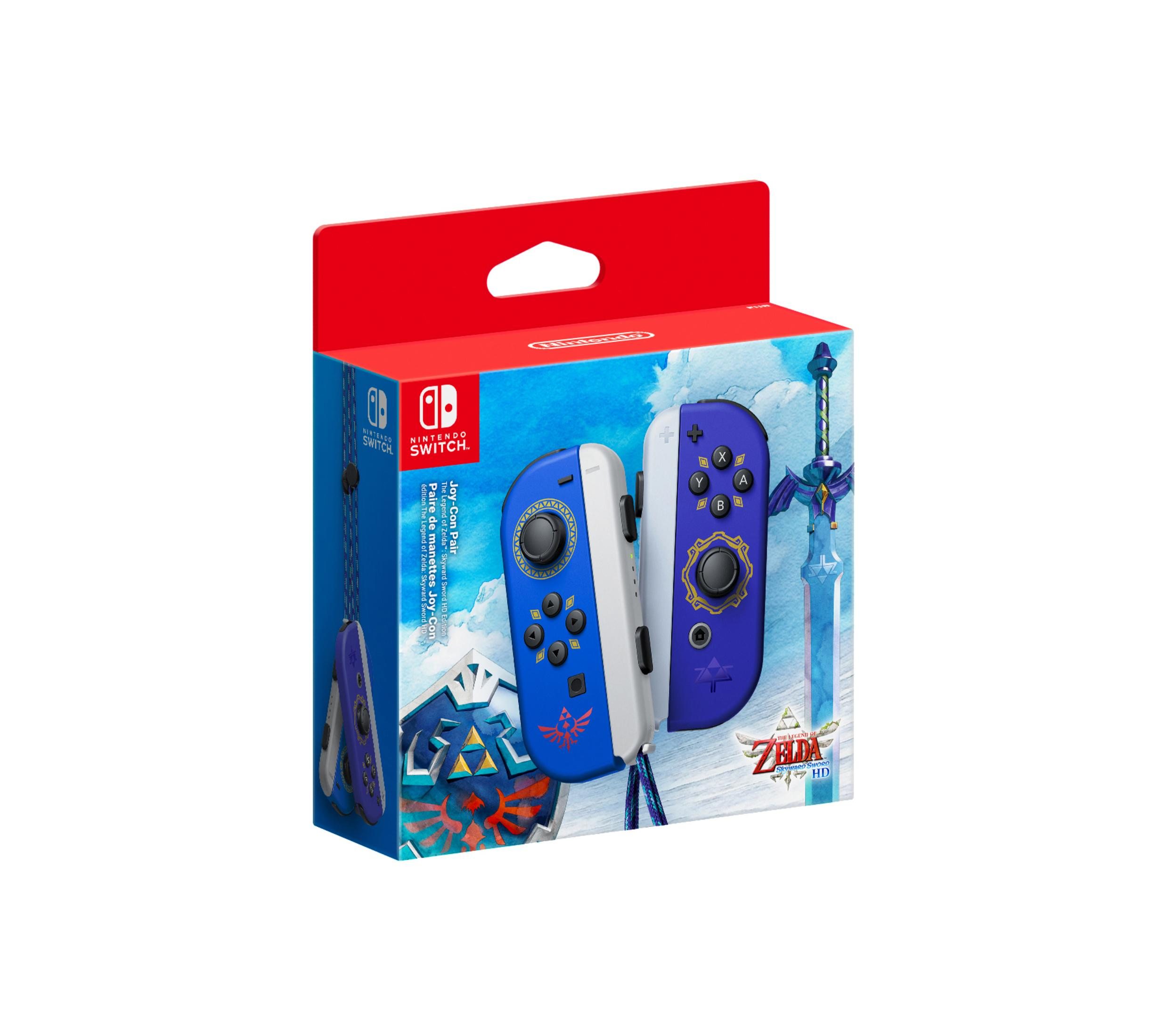 Eine rot-weiße Schachtel mit Nintendo Switch Joy-Con-Controllern. Sie sind blau und lila.