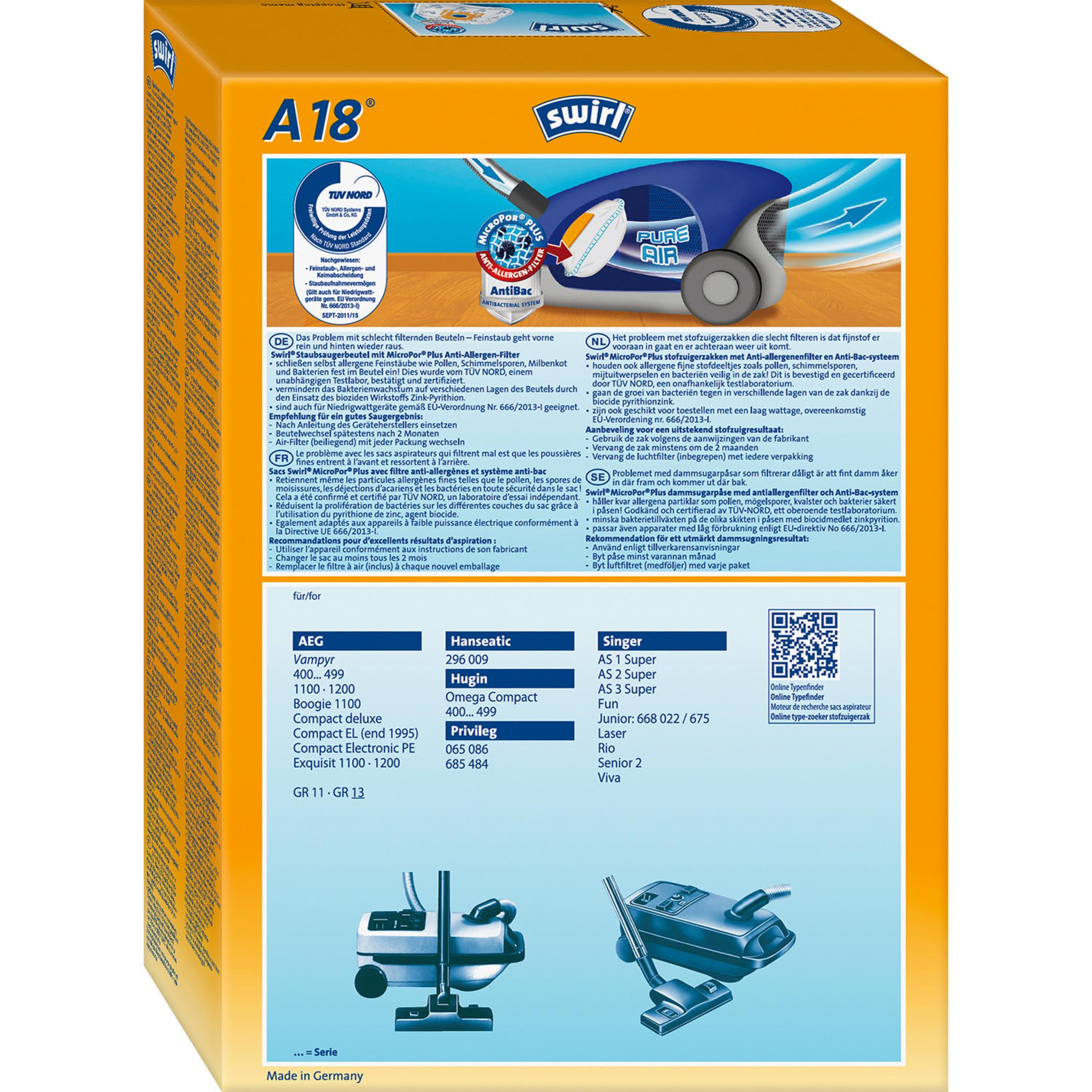 Packung Swirl A18 Staubsaugerbeutel, mit Produktdetails und Text in mehreren Sprachen.