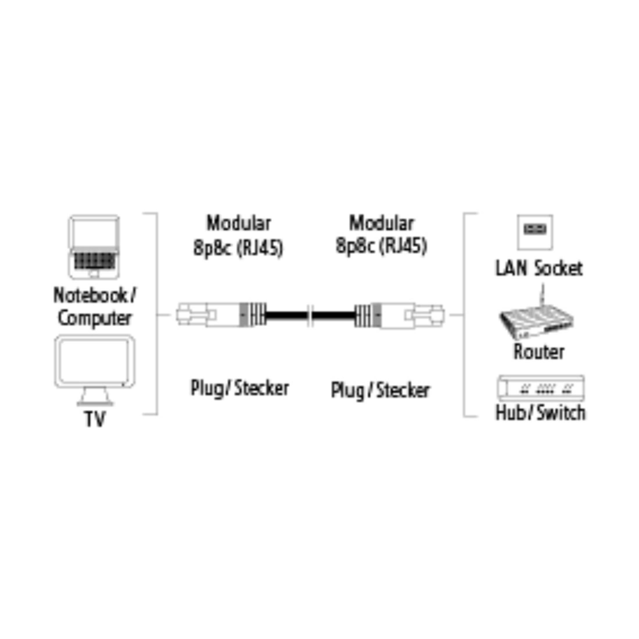 Diagramm eines Netzwerkkabels, das einen Computer mit einem Router und einem Hub/Switch verbindet.