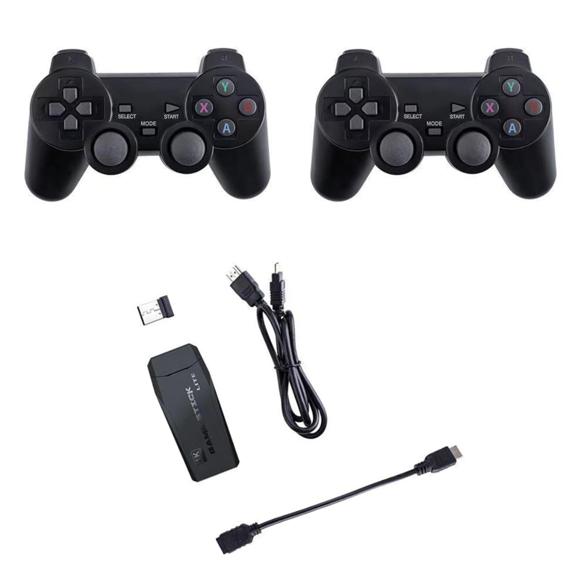 Dos mandos de juego negros, un receptor y cables sobre fondo blanco.