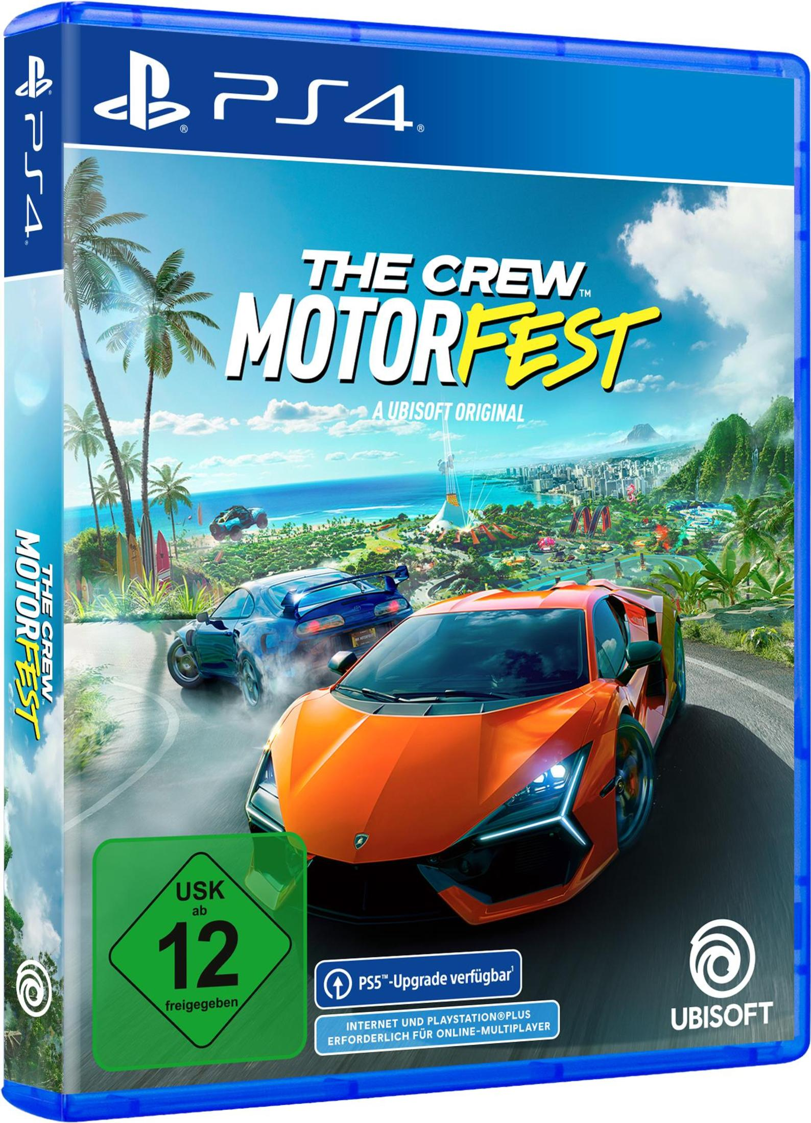 PS4-Spielverpackung für 'The Crew Motorfest' mit einem Auto auf der Rennstrecke. Ein Ubisoft-Originalspiel.