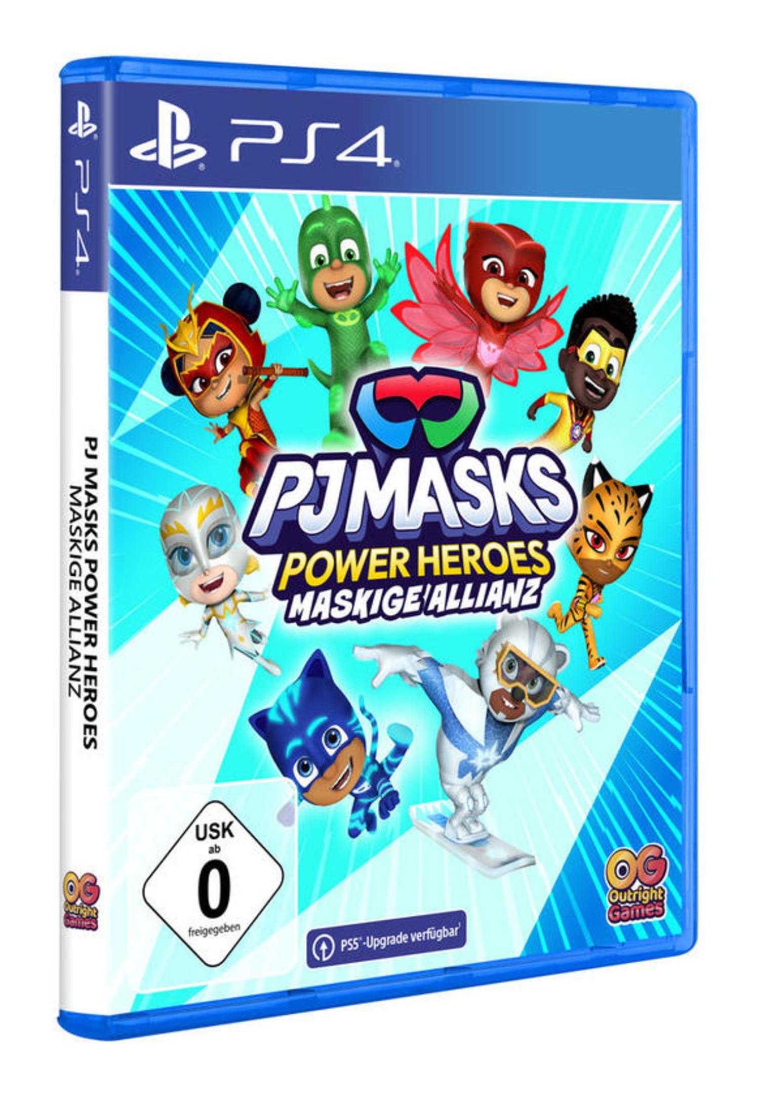 PS4-Spielhülle: PJ Masks-Charaktere auf dem Cover. Blaue Hülle. Grüne USK-Bewertung.