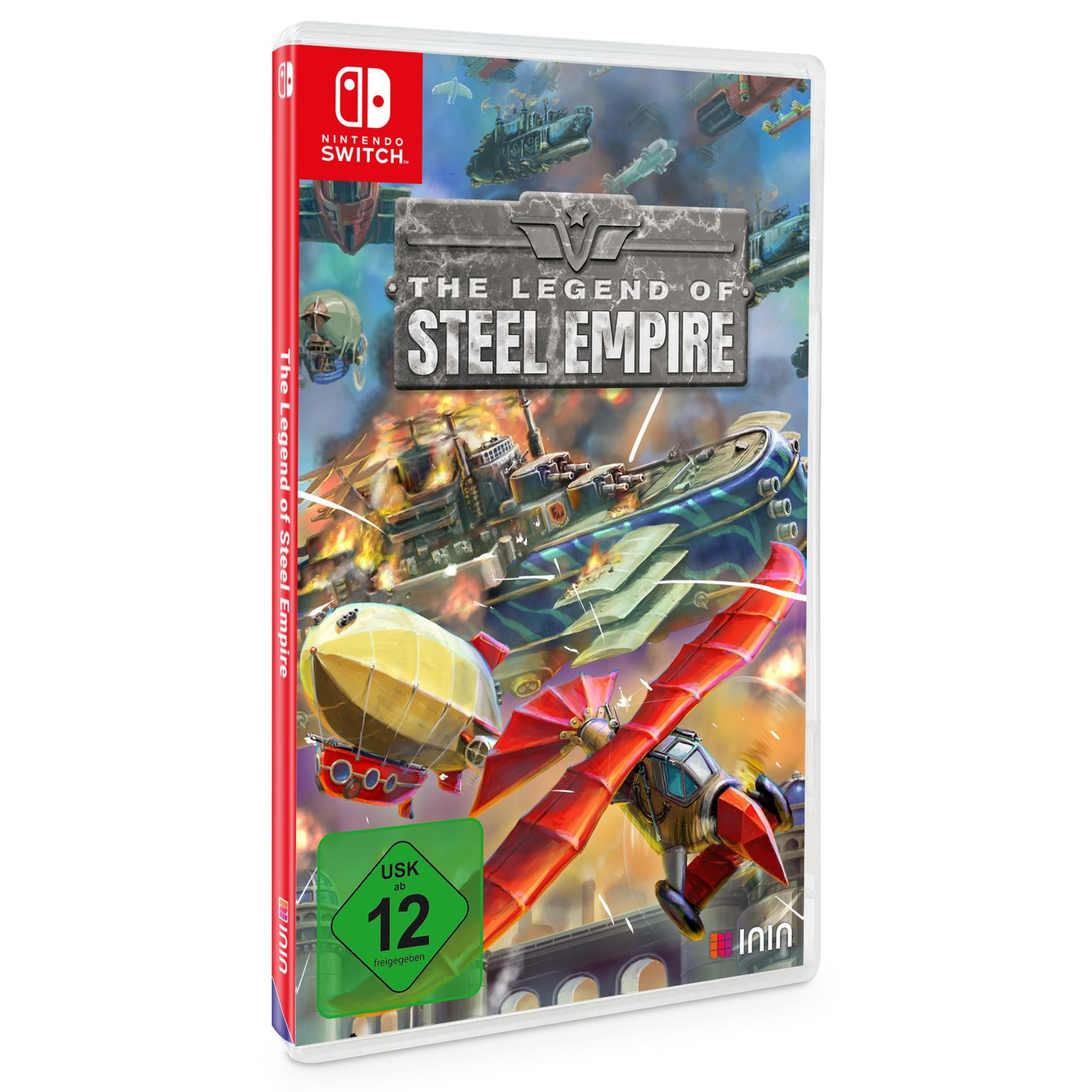 Switch-Spielbox: The Legend of Steel Empire, Artwork von Luftschiffen und Flugzeugen.