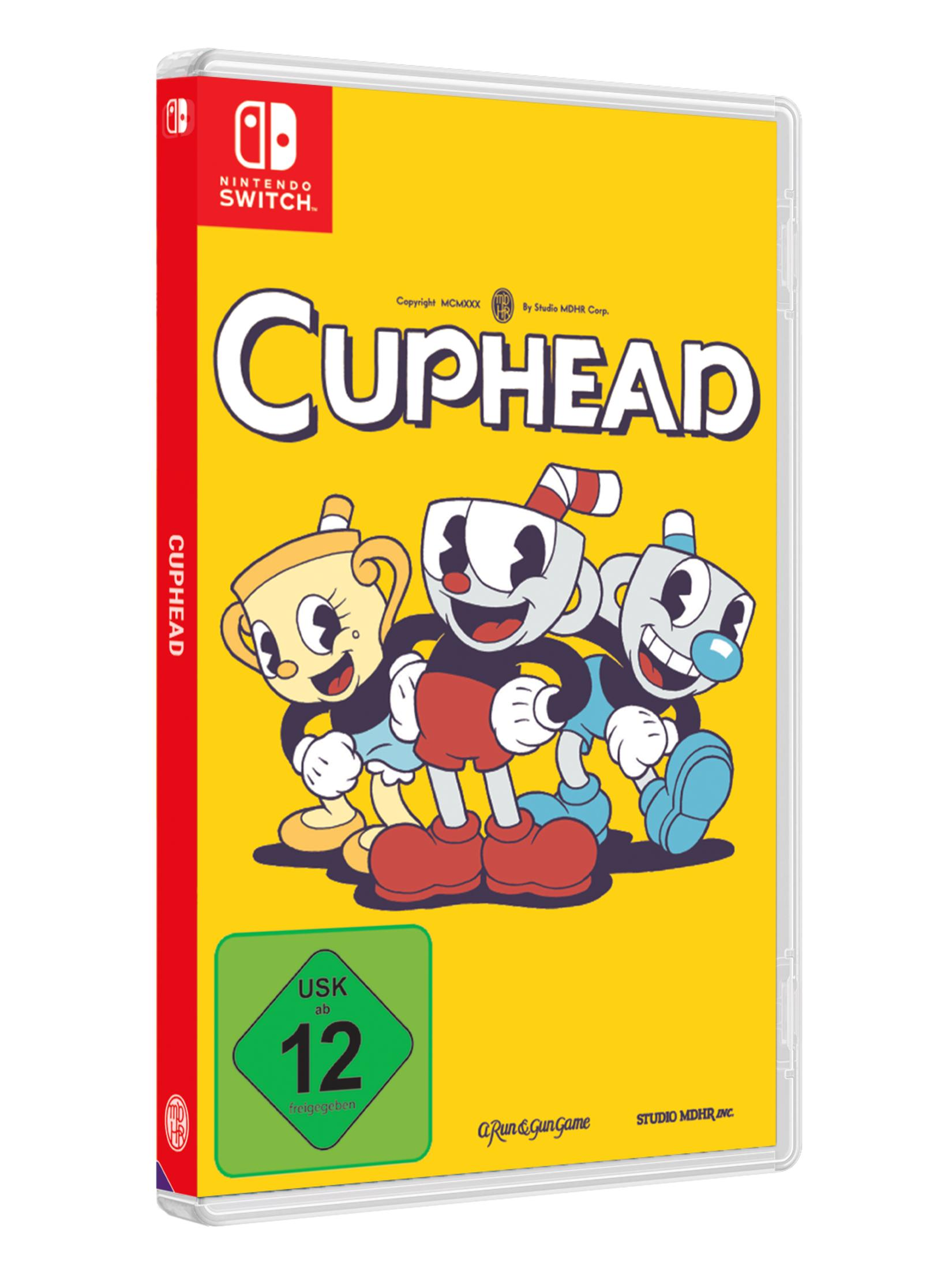 Nintendo Switch Spielhülle mit 'Cuphead'-Cover, gelber Hintergrund und weißer Text.