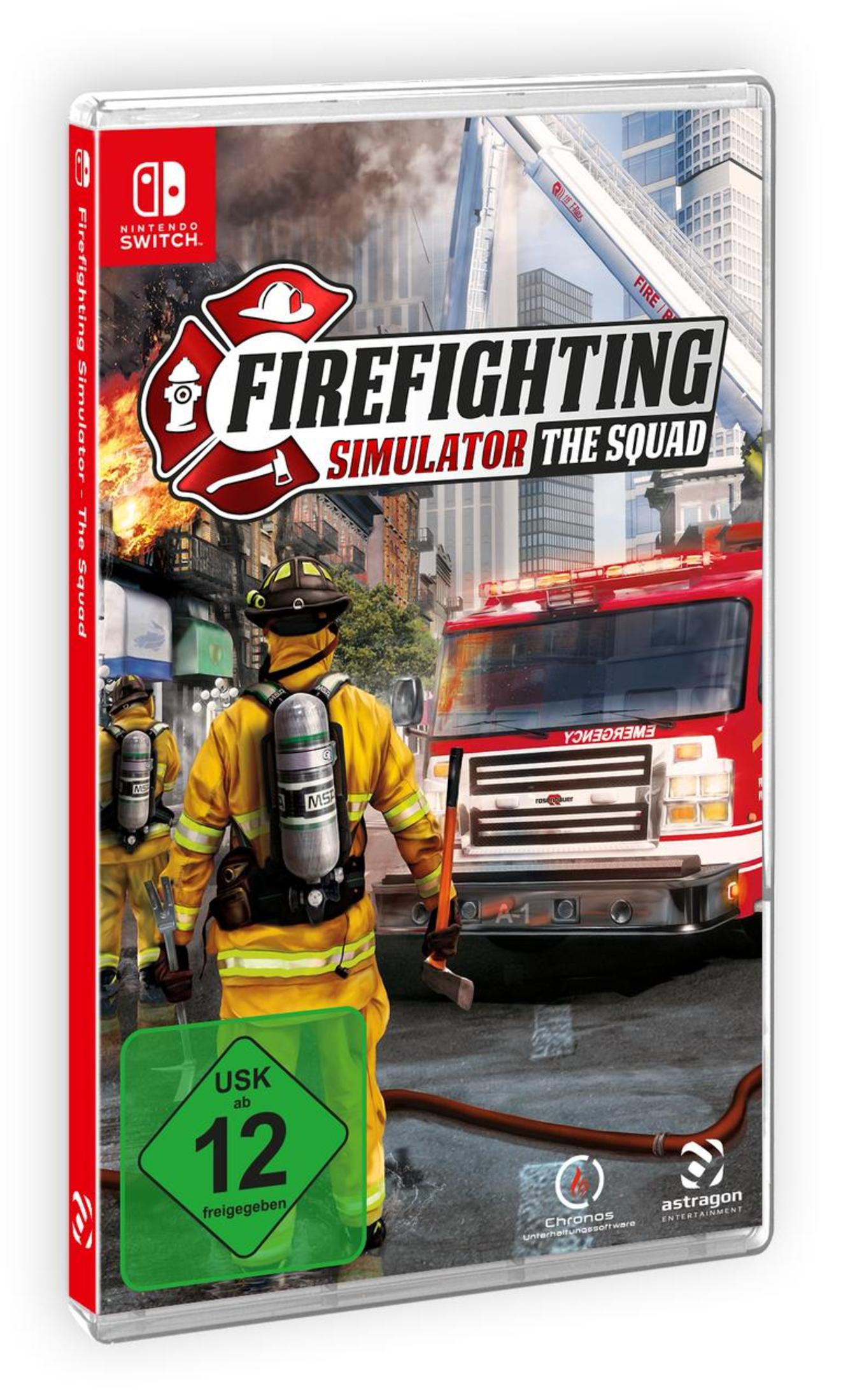 Spielbox für Nintendo Switch. Cover zeigt Feuerwehrleute und einen Feuerwehrwagen, mit 'Firefighting Simulator'.