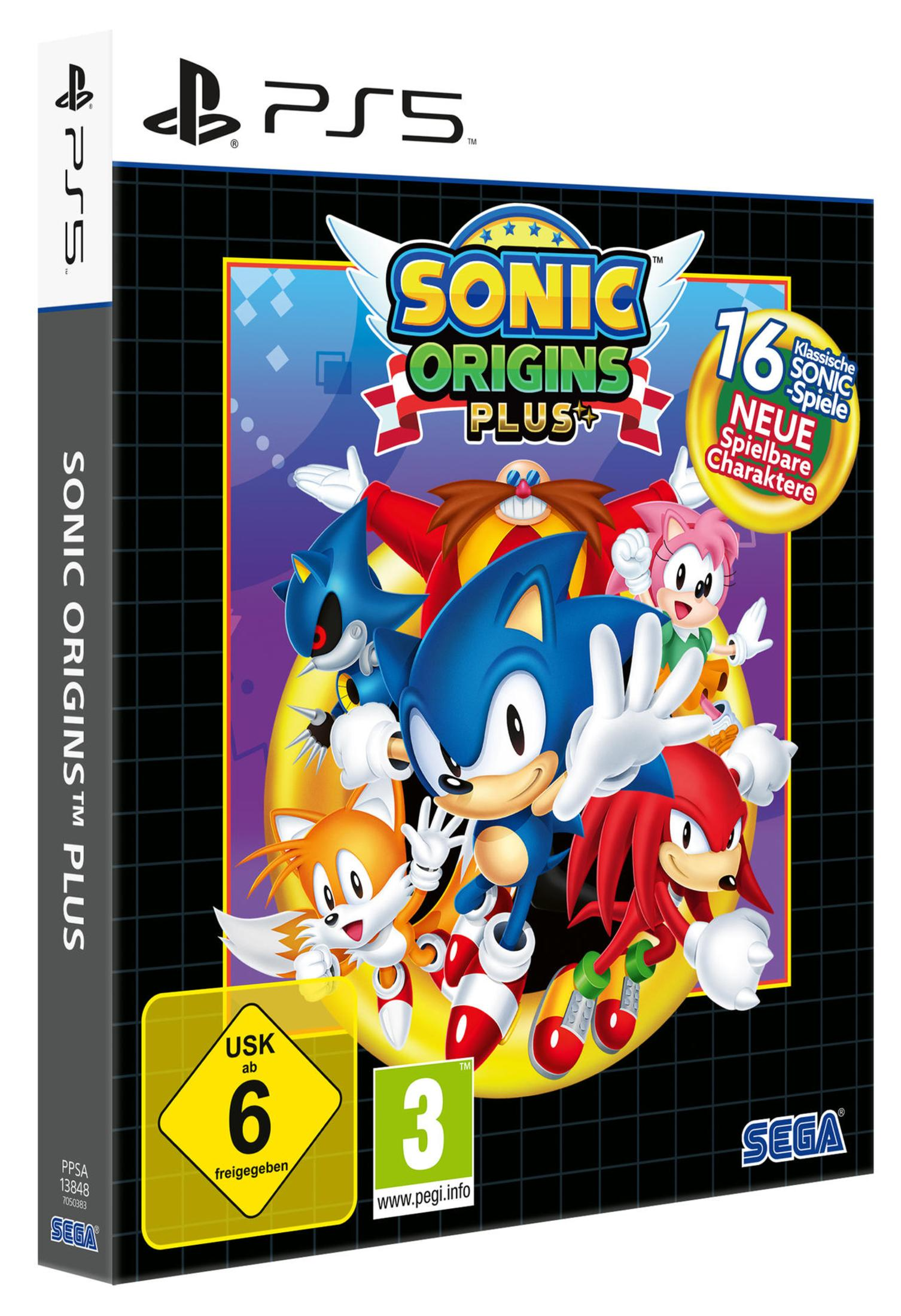 PS5-Spielbox für Sonic Origins Plus, mit Sonic und Freunden und gelber Altersfreigabe.