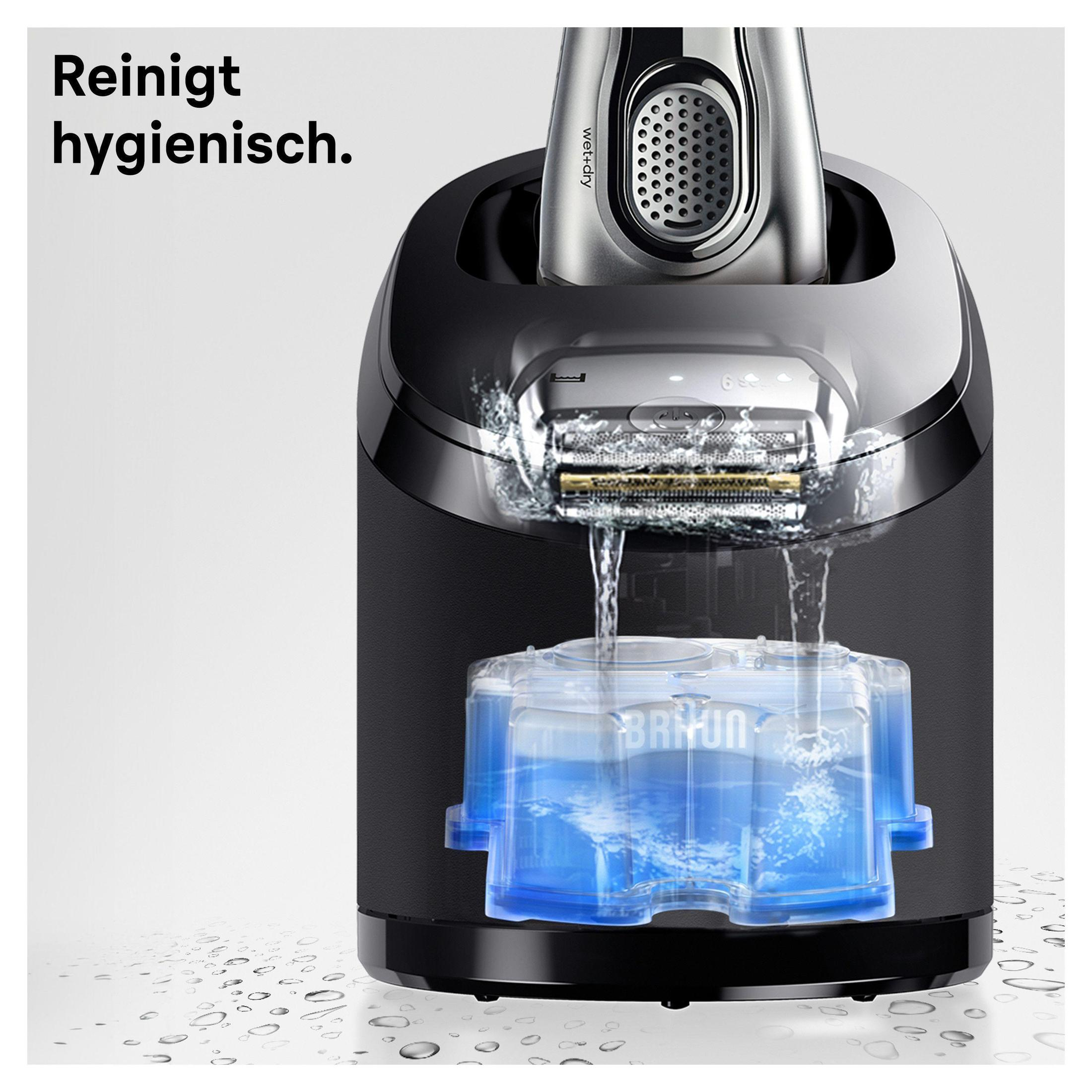 Stacja czyszcząco-ładująca do golarki Braun, z wodą płynącą do niebieskiego pojemnika.