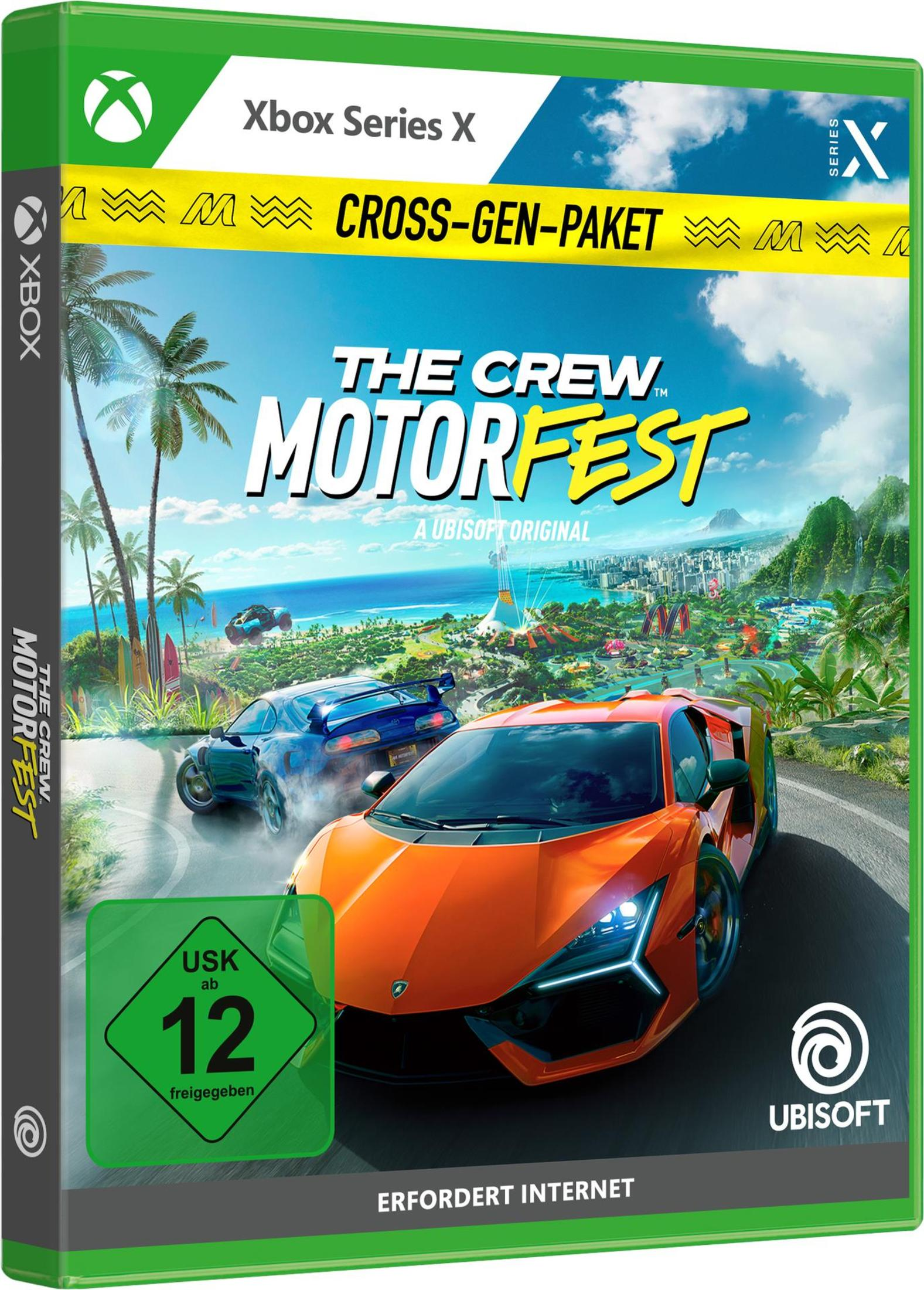 Spielbox mit Autos, die auf einer Rennstrecke fahren, Palmen im Hintergrund. Der Titel ist The Crew Motorfest.