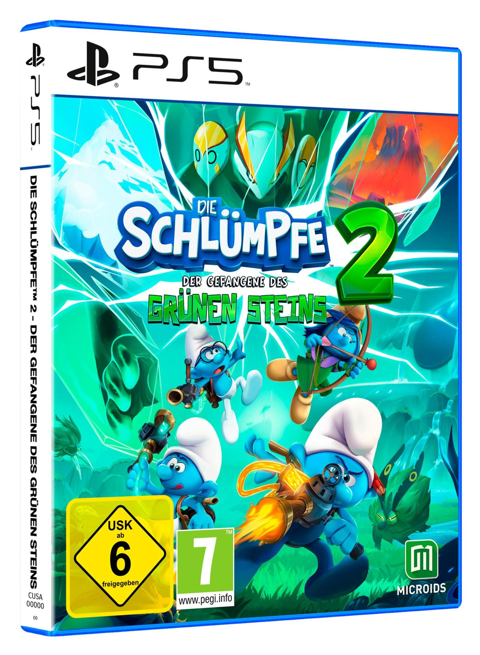 PS5-Spielcover für Die Schlümpfe 2. Schlümpfe sind im Artwork zu sehen. Blau- und Grüntöne.