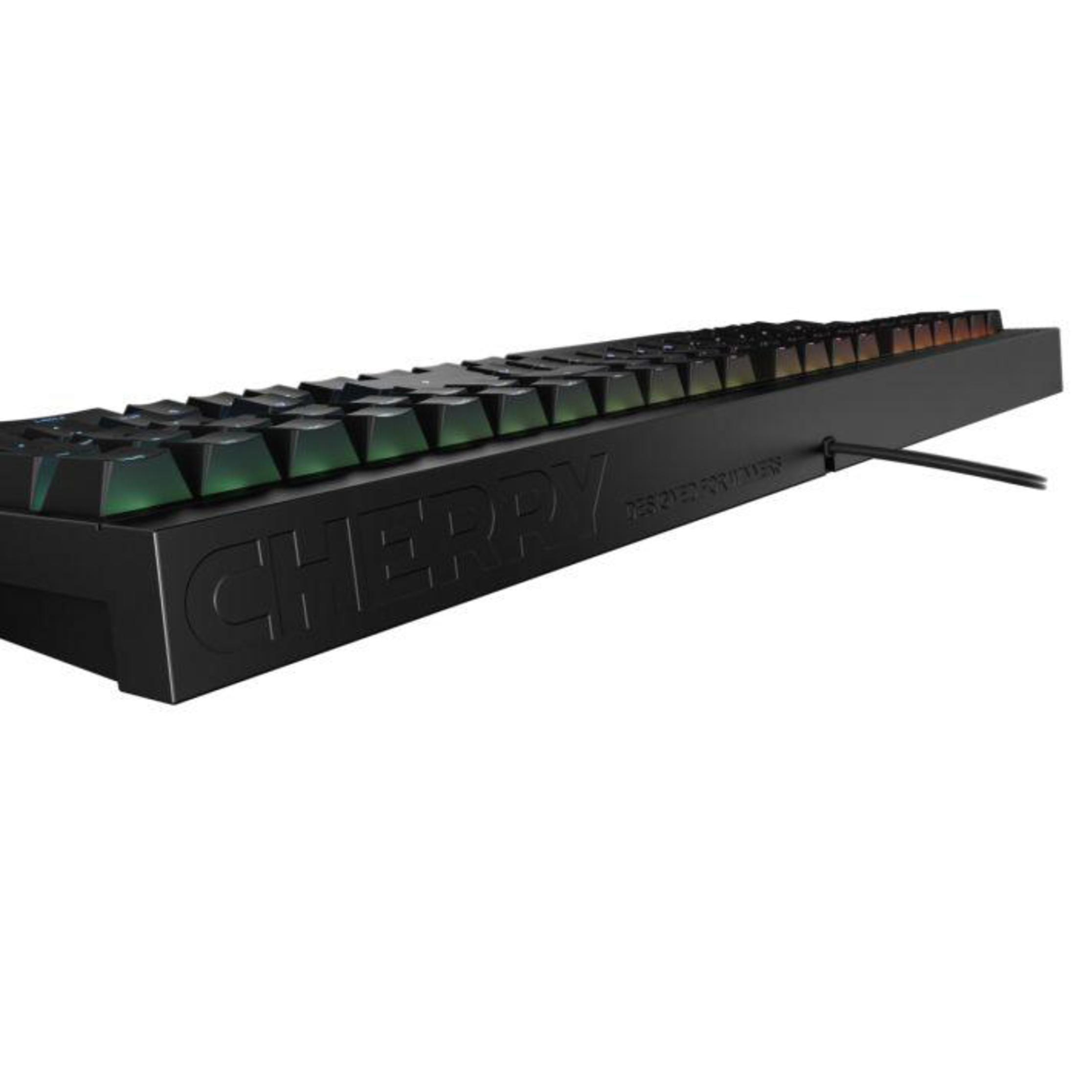 Czarna klawiatura Cherry z podświetlanymi klawiszami, pod kątem, na białej powierzchni.