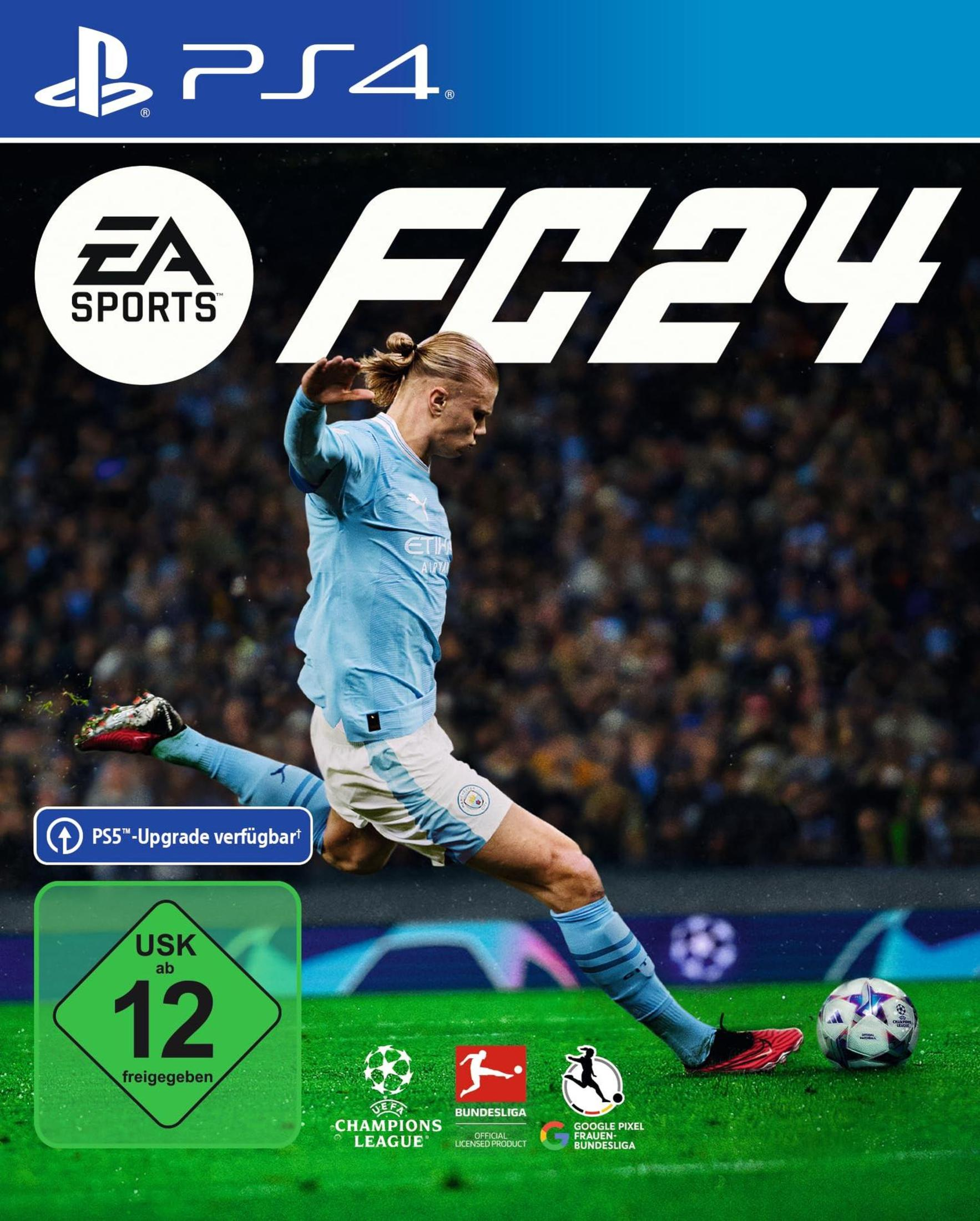 FC24 Spielcover: Ein Fußballspieler tritt den Ball. Das Spiel ist für PS4. Der Spieler ist Haaland.