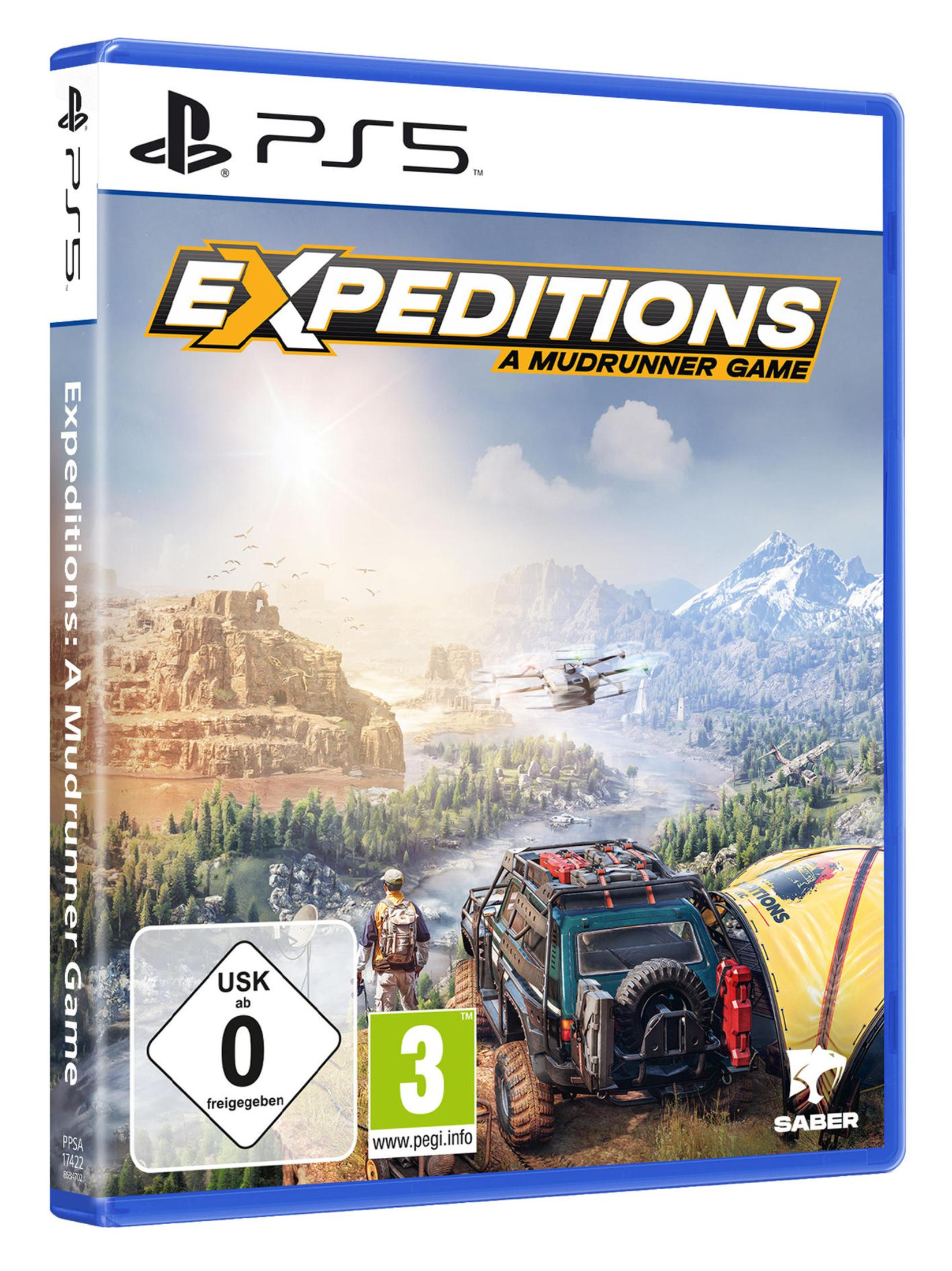 Une boîte de jeu PS5 pour "Expeditions: A Mudrunner Game", avec une toile de fond panoramique.