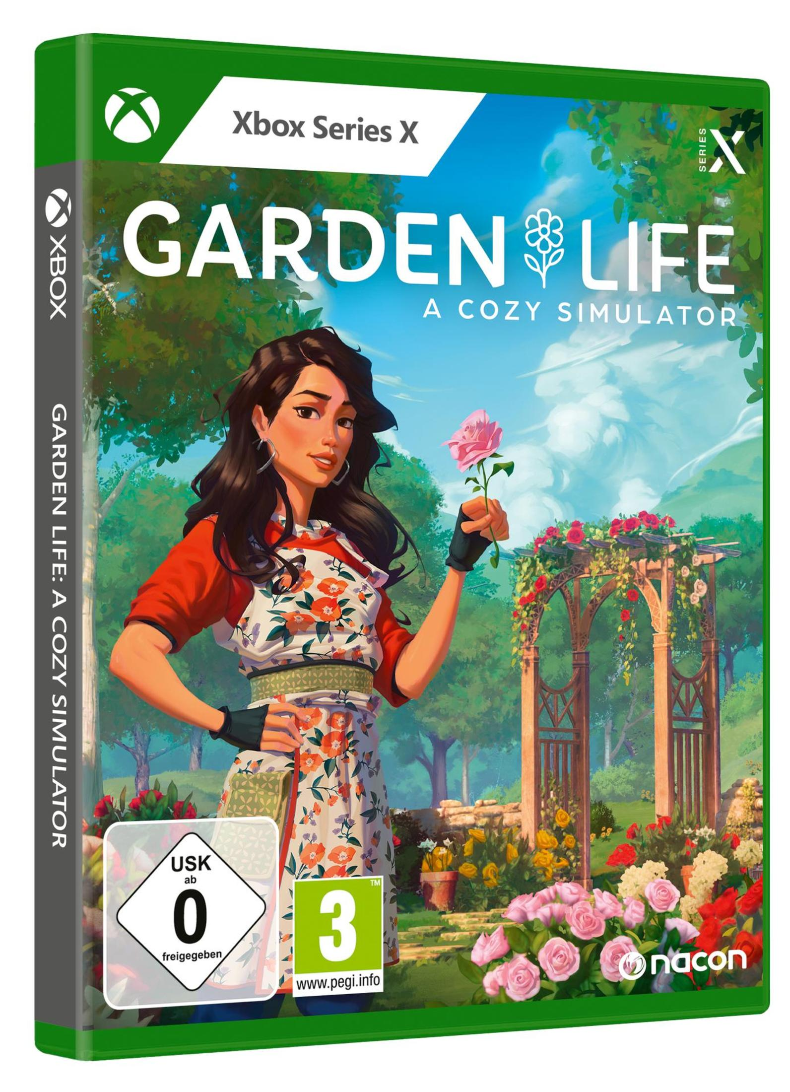 Boîte de jeu : femme avec fleur, scène de jardin. Jeu Xbox Series X : Garden Life.