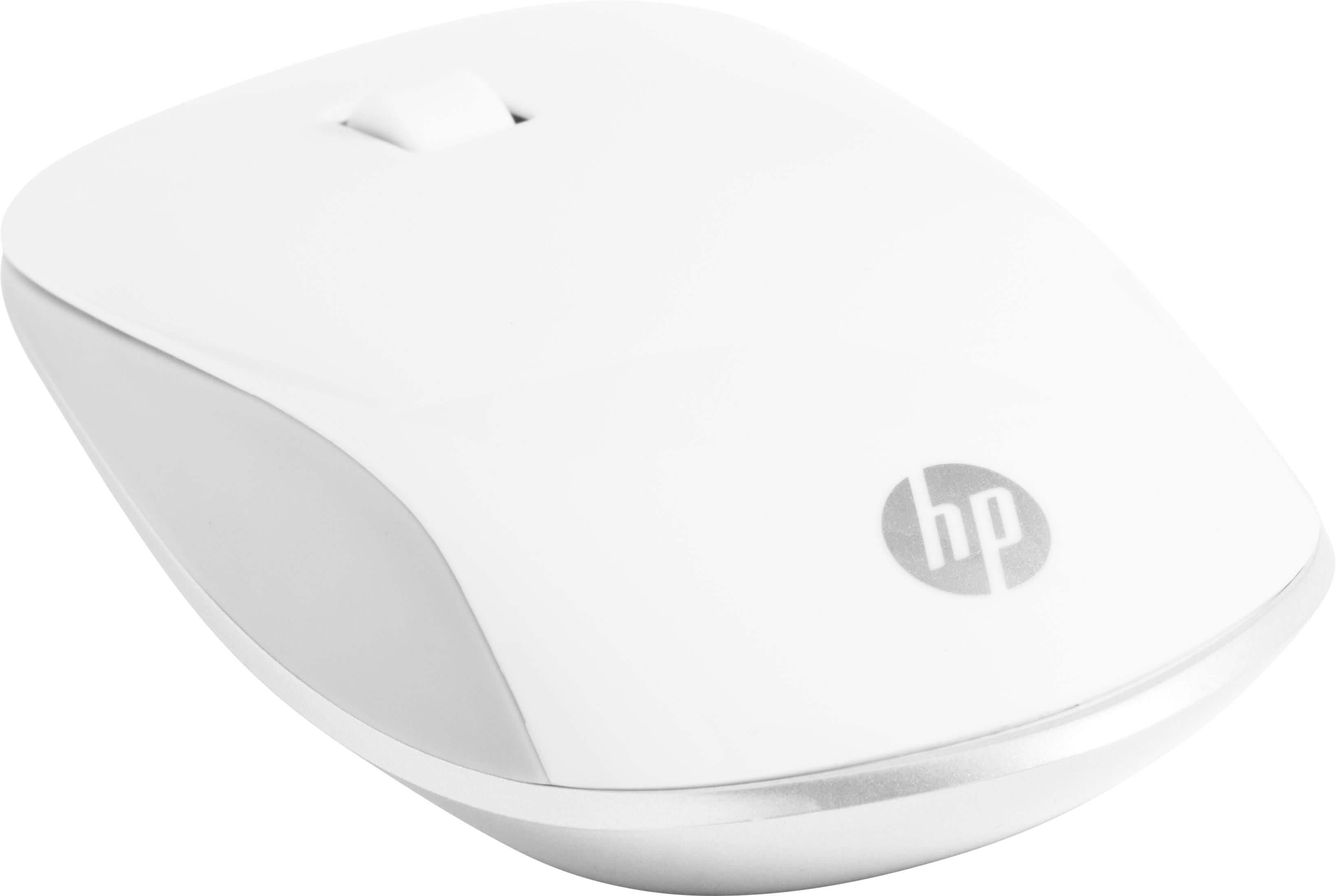 Weiße HP-Maus mit silberner Umrandung und HP-Logo auf der Oberfläche.