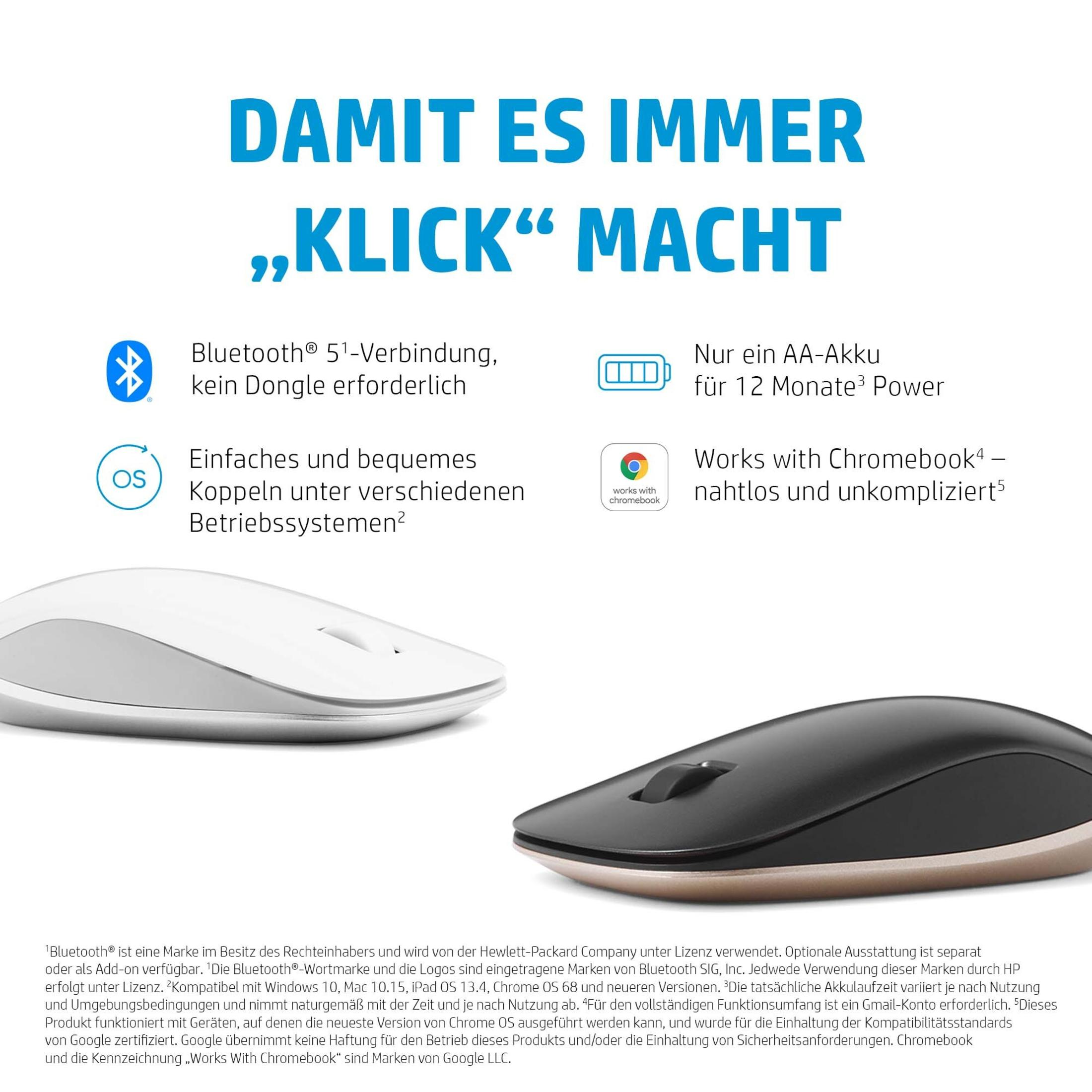 Weiße und schwarze drahtlose HP-Maus mit Text über Funktionen.
