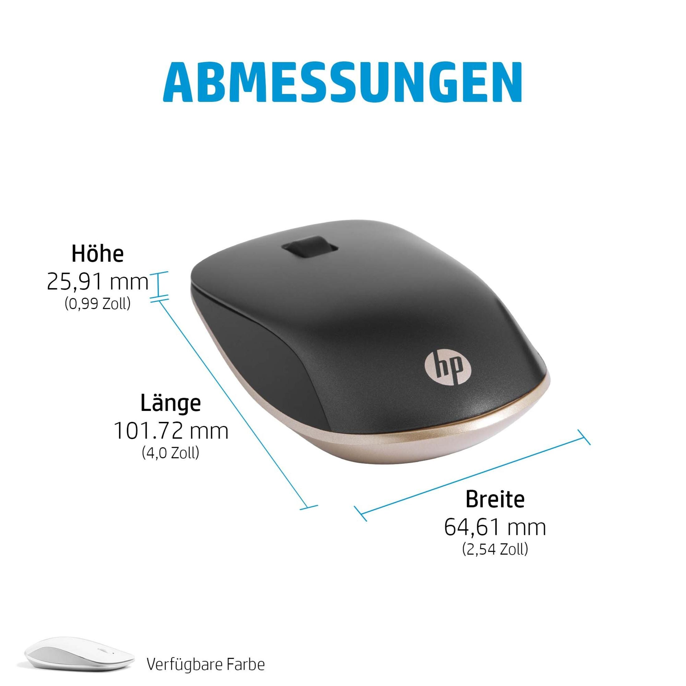 Eine schwarze HP-Maus mit Abmessungen in mm. Weißer Hintergrund mit Text oben.