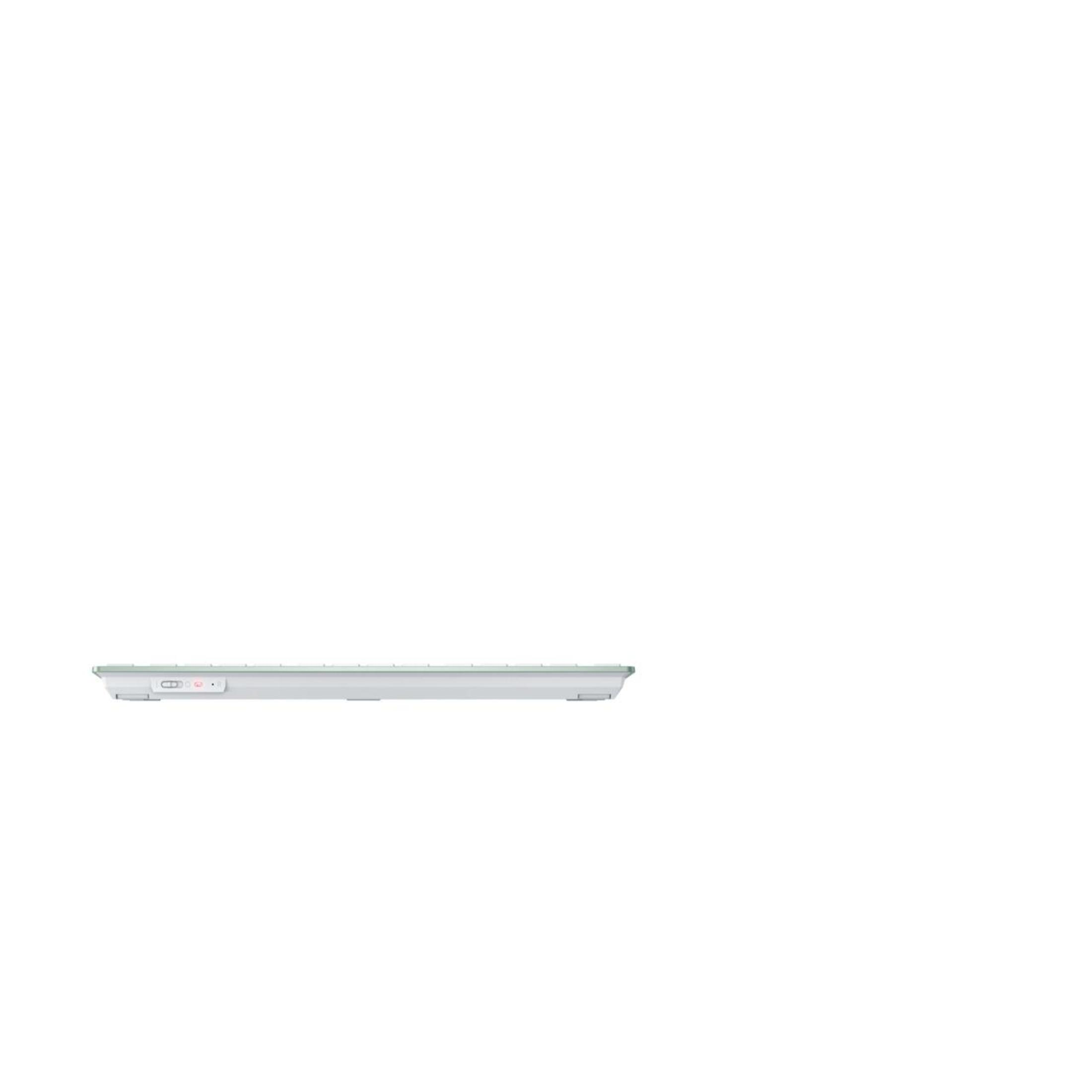 A sleek, white, rectangular keyboard with a light-colored surface and a few indicator lights. It is seen from the side.