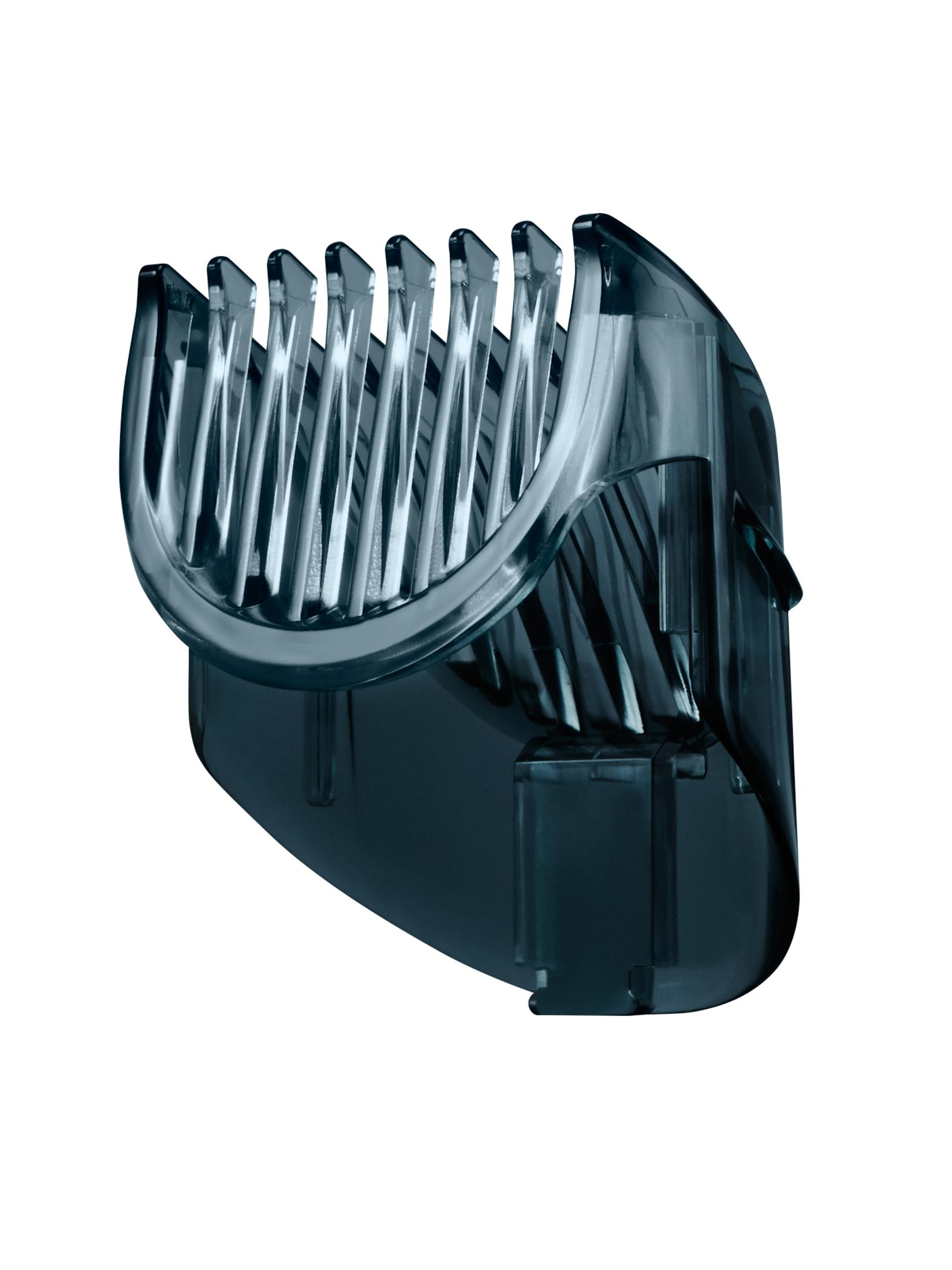 Schwarzer Haarschneideraufsatz, durchsichtiges Plastik, zahnähnliche Klingen.