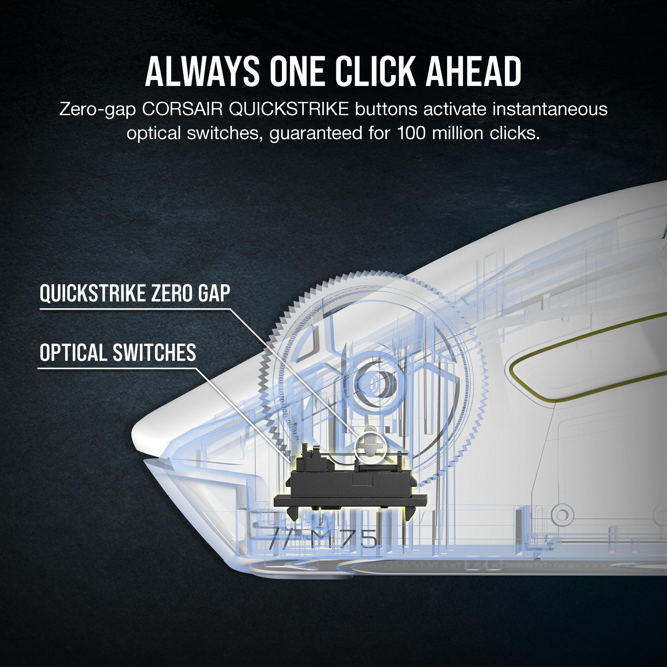 Schemat myszy Corsair. Pokazuje elementy wewnętrzne, białą obudowę, czarne tło.