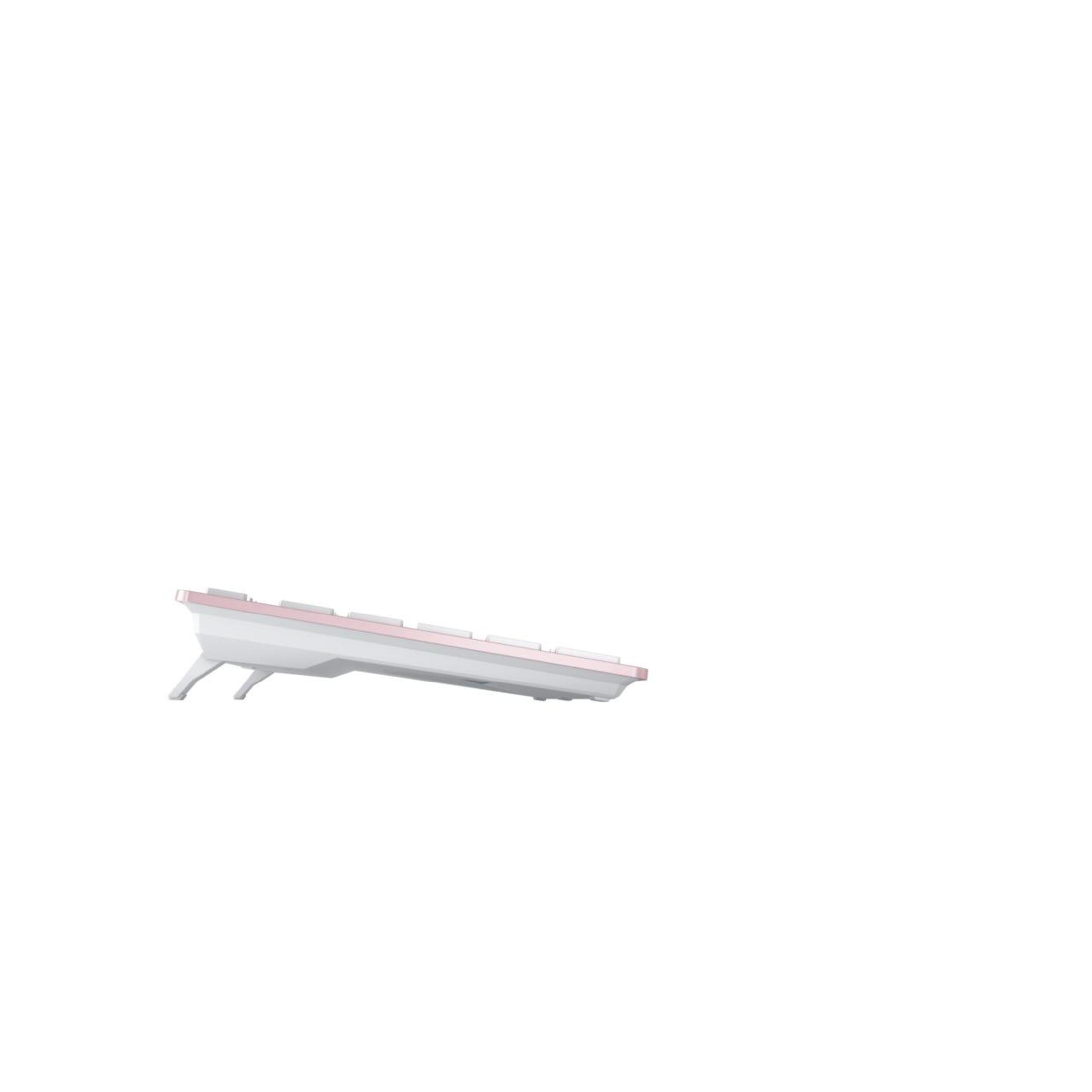White and pink keyboard, side view, placed on a white surface, with a white background.