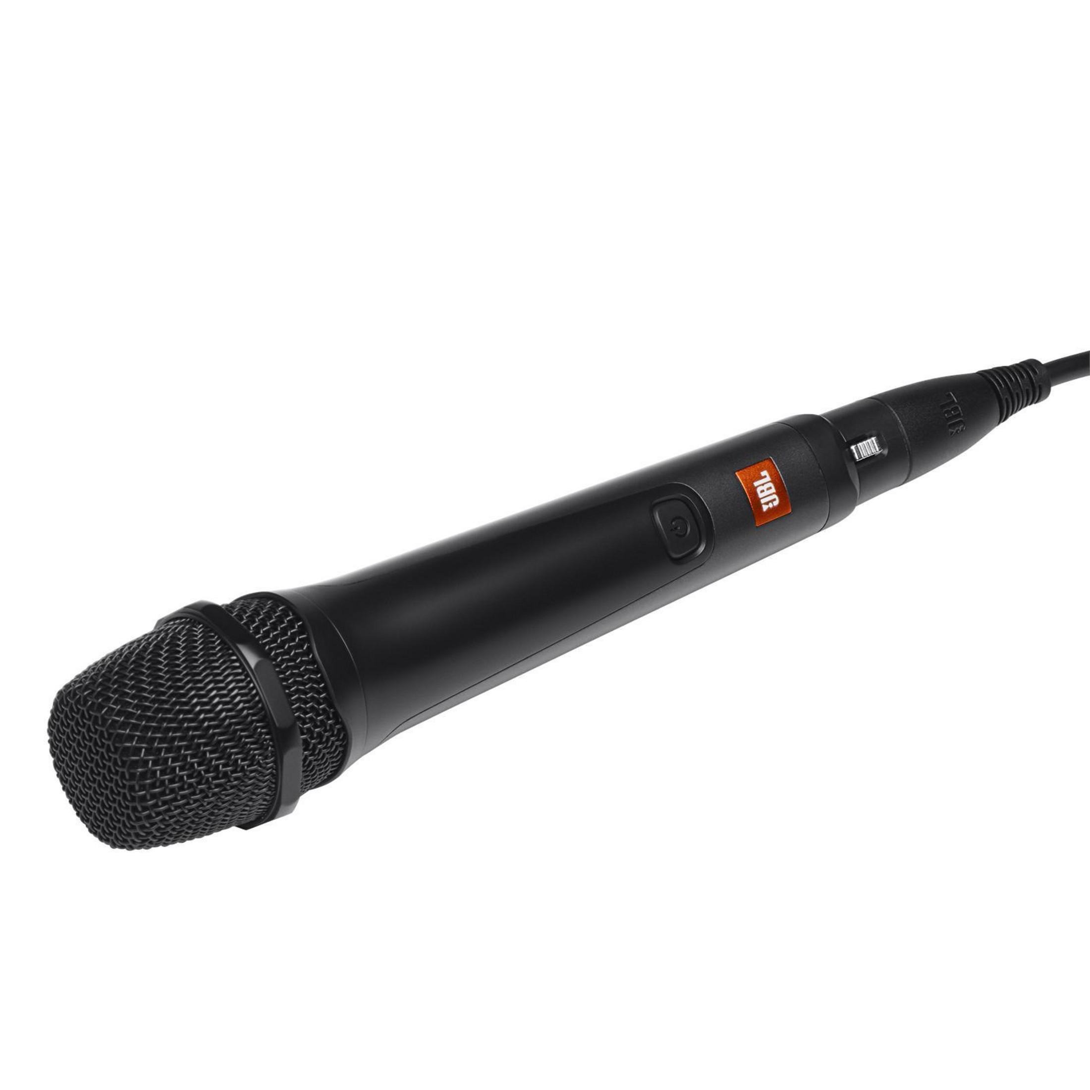 Un microfono JBL nero con testa a rete, appoggiato su una superficie bianca. Il logo JBL è visibile.