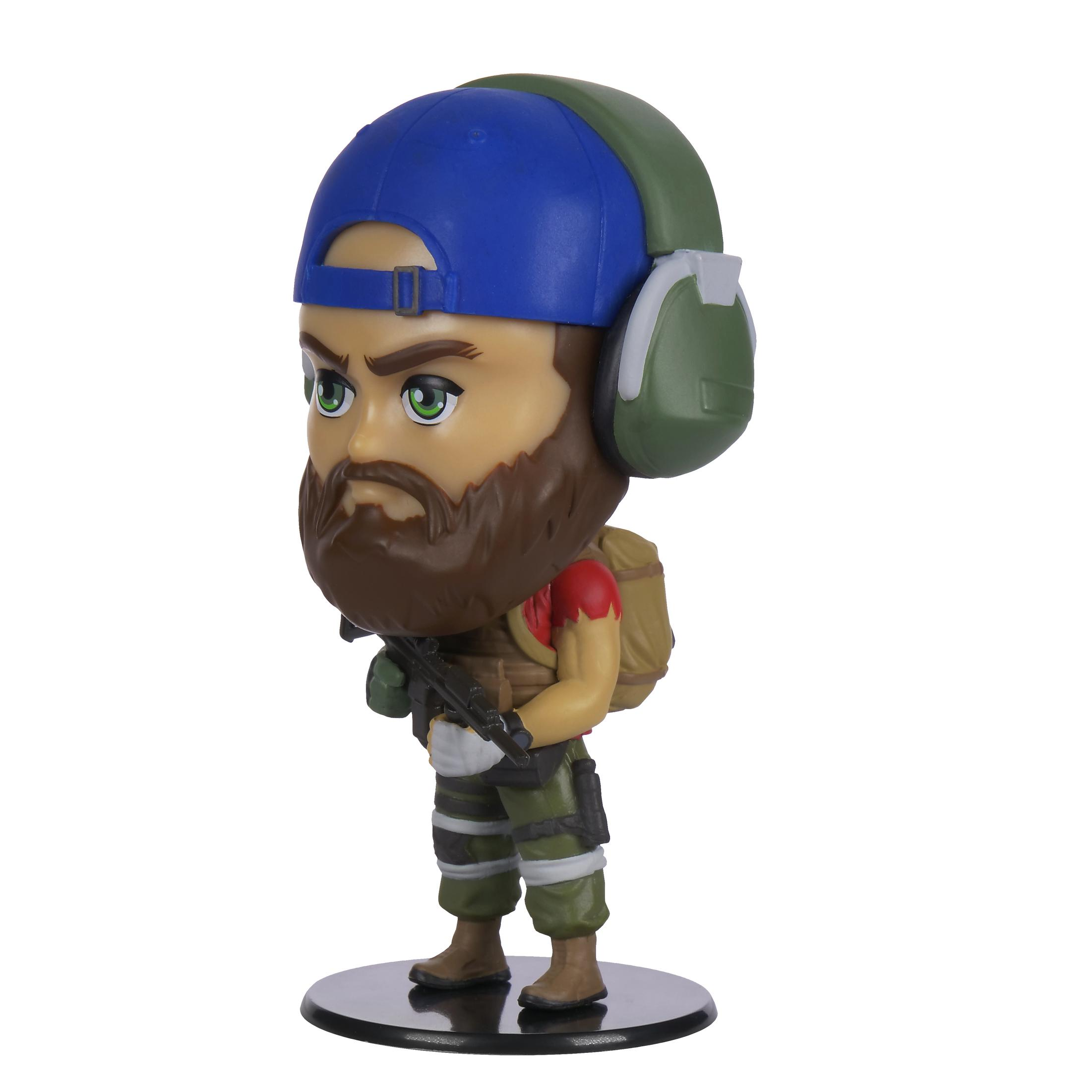 Wackelkopf-Figur eines Soldaten mit Bart, Hut und Ausrüstung, weißer Hintergrund.