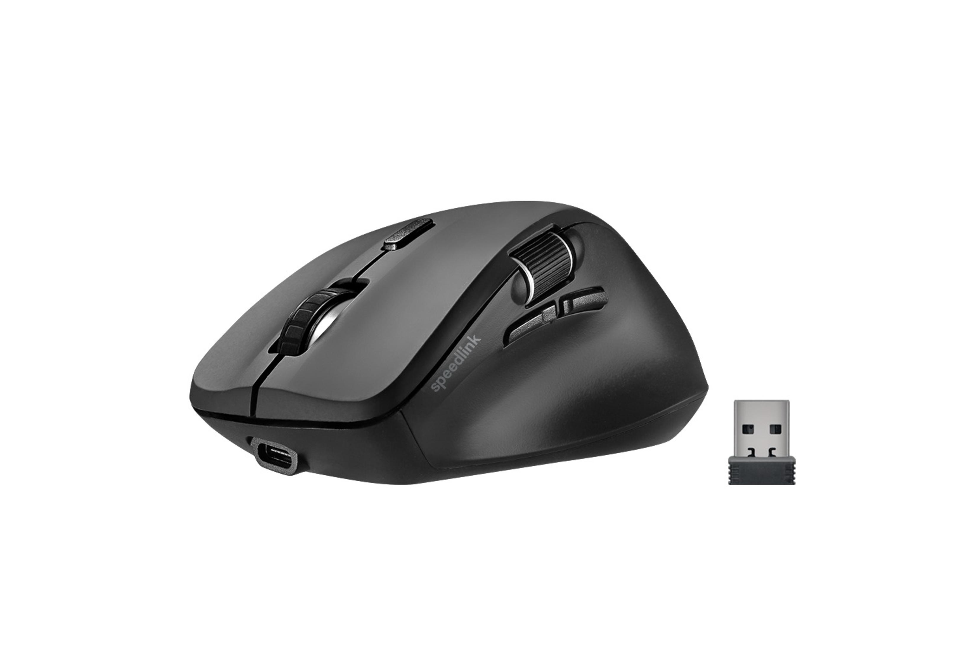 Zwarte Speedlink-muis met USB-ontvanger, witte achtergrond.